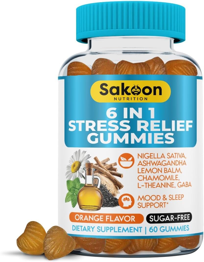 Sakoon 6-in-1 Stress Gummies for Men & Women | Ashwagandha, GABA, L-Theanine, Lemon Balm, Chamomile & Black Seed Oil | Calm, Mood & Sleep Support | Vegan, Non-GMO | 60 Count