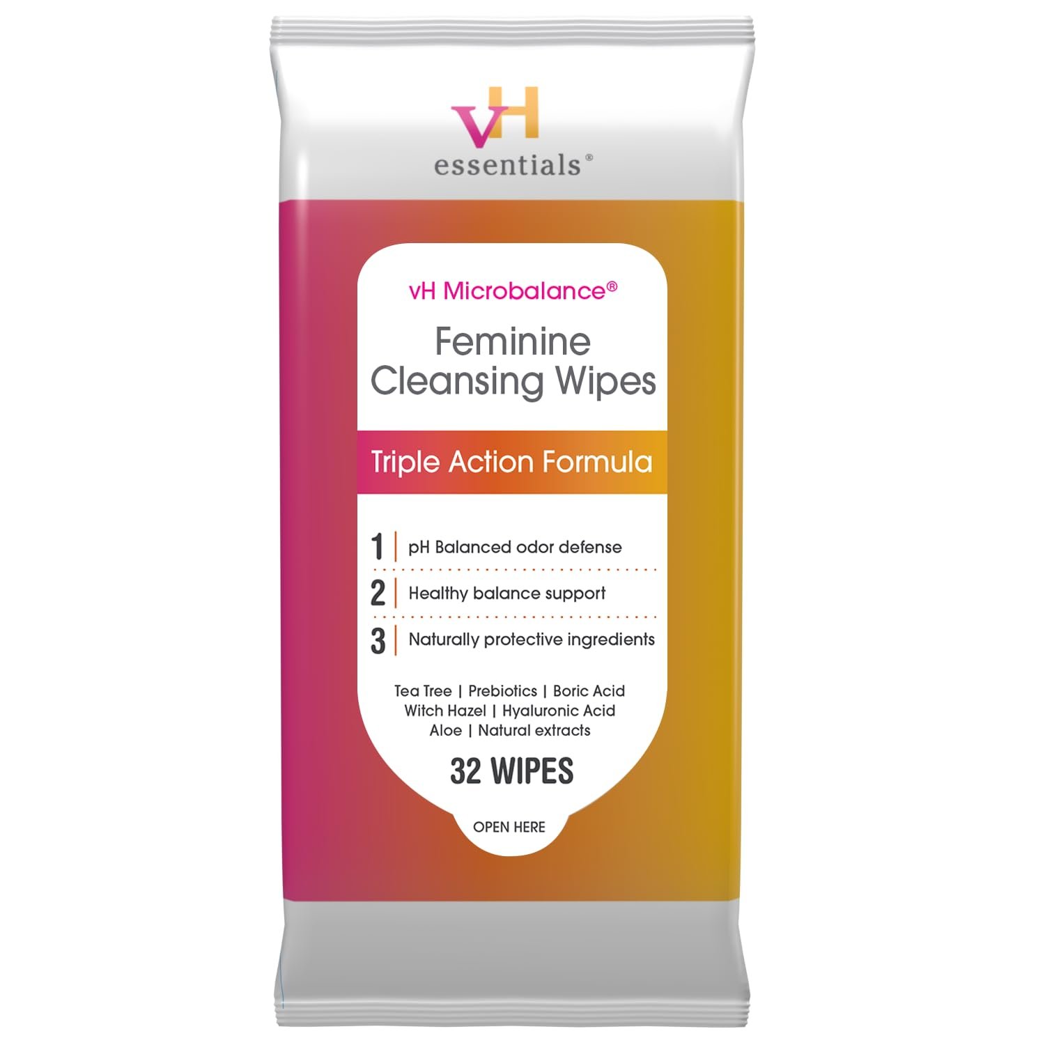 vH Essentials Feminine Cleansing Wipes, pH Balanced, 32 Wipes