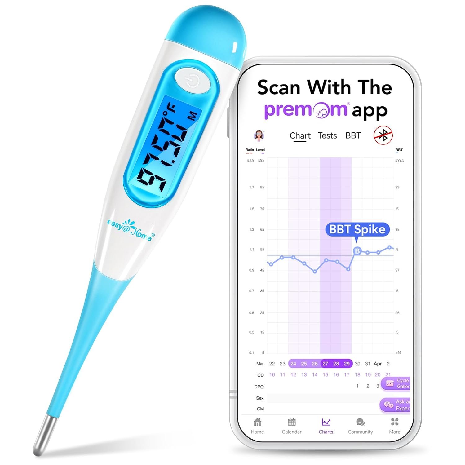 easy@Home Digital Basal Body Thermometer for Adults – Fertility Tracker | Precise 1/100th Degree Thermometer. Flexible Tip, Backlit LCD & 30 Memory. Auto Scan Premom App for Women