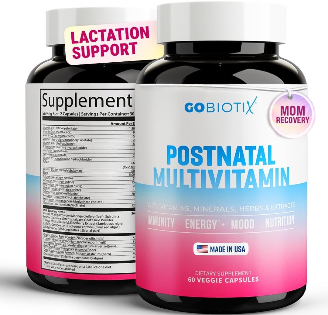 GOBIOTIX Postpartum Vitamins for Breastfeeding Moms – Postnatal Lactation Supplement with Organic Herbs, Minerals, Nutrients for New Mothers and Baby – Postpartum Essentials, Non GMO, Vegan, 60 Caps