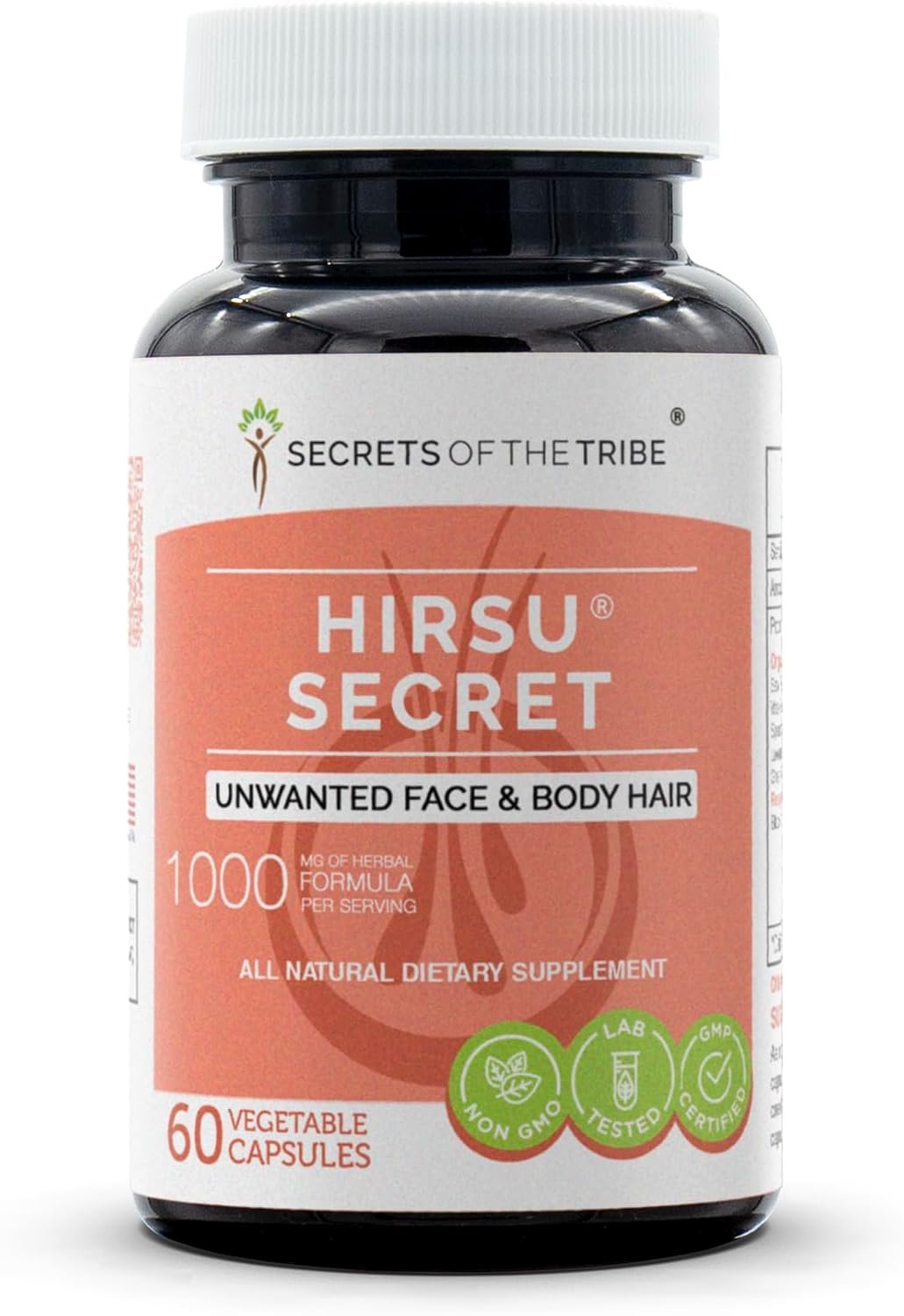 Secrets of the Tribe Hirsu Secret 60 Capsules, 1000 mg, Saw Palmetto, Black Cohosh, Vitex, Spearmint, Lavender, Green Tea. Unwanted Face & Body Hair (60 Capsules)