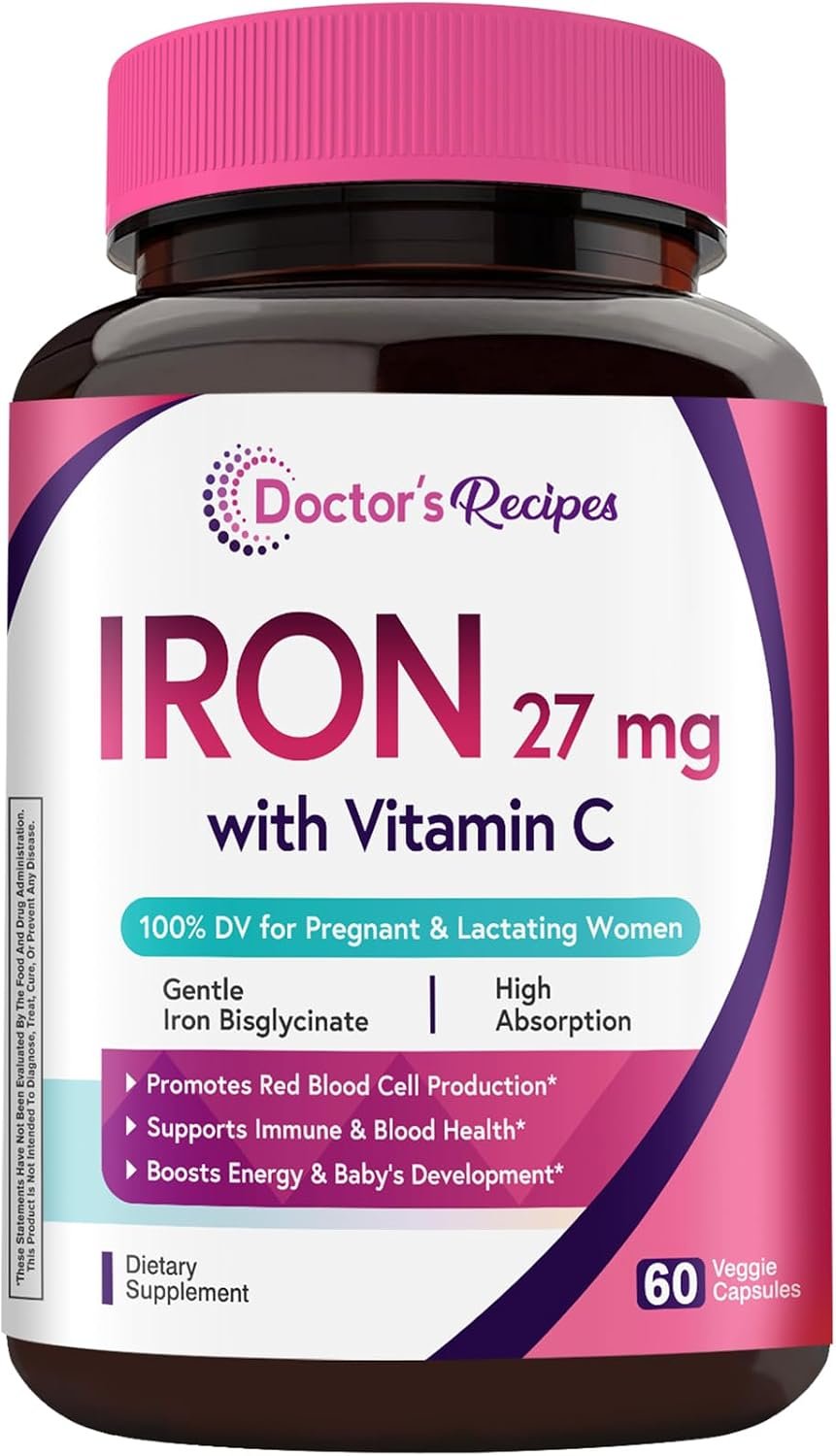 Doctor’s Recipes Iron Supplement for Pregnant Women, Chelated Iron Bisglycinate, with Vitamin C for High Absorption, Gentle, Red Blood Cell Production Support, 60 Vegan Caps