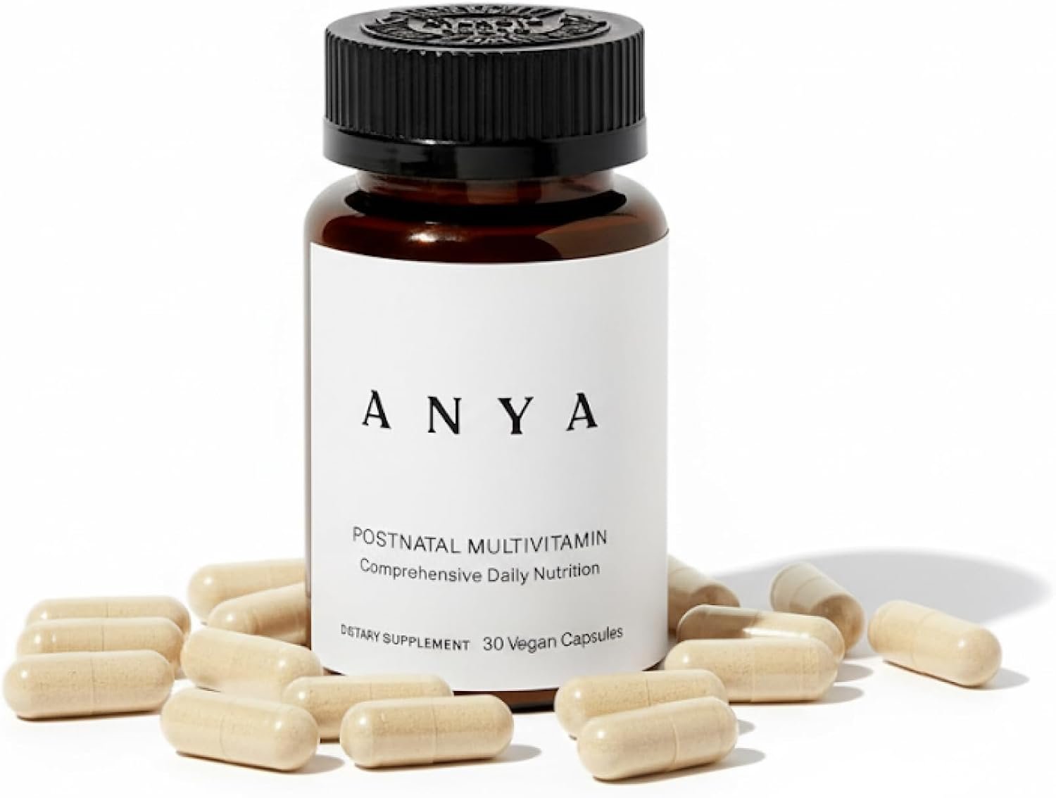 ANYA Postpartum Multivitamin, 30 Capsules, Vegan, Non-GMO | Multivitamin with vitamins A, C, D3, B12, biotin, folate, iron & zinc. Vegan, non-GMO, gluten-free