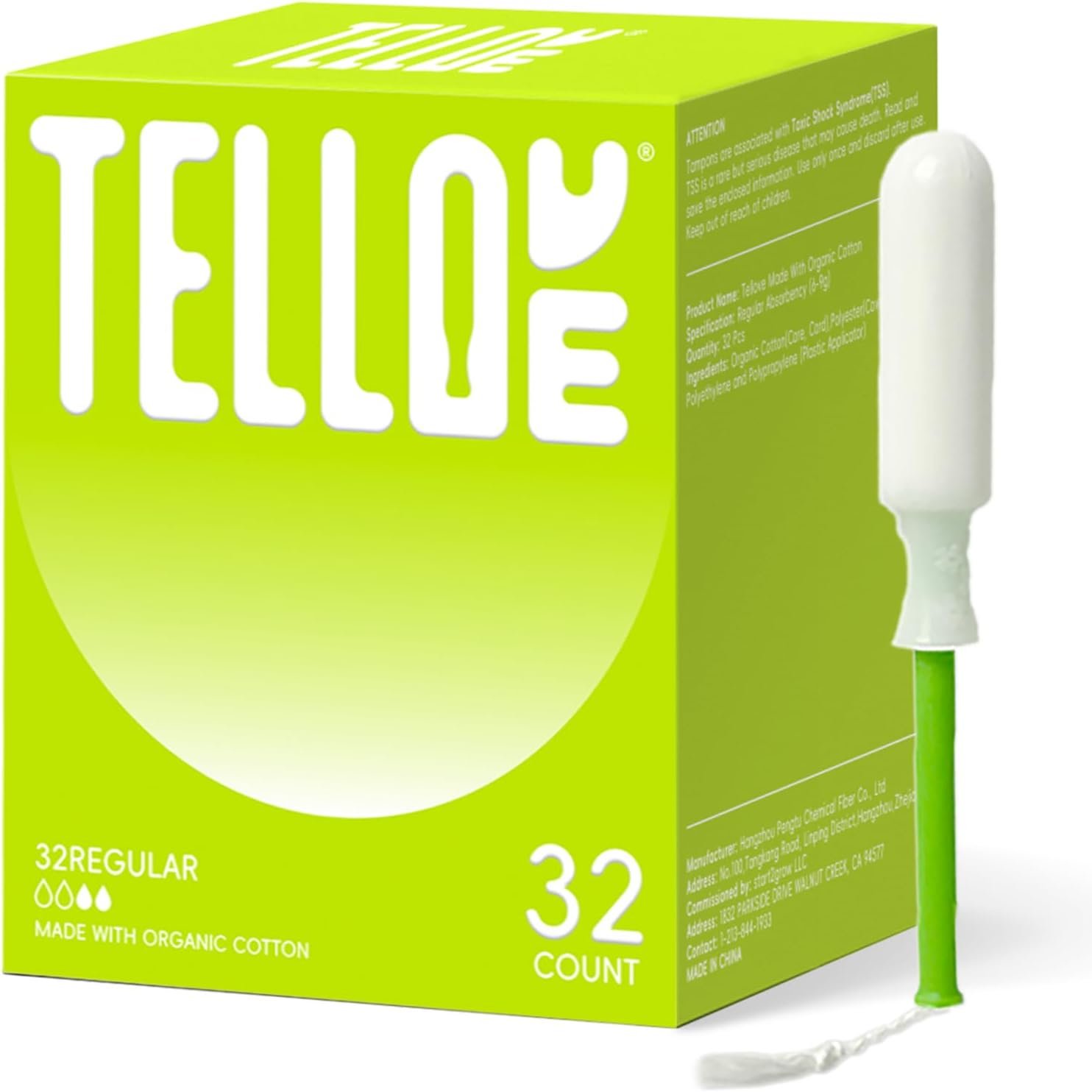 Tellove Organic Tampons, Regualr, 32 Count, Gentle on Sensitive Skin | 100% Organic Cotton Core, Featuring 360° Comfort-Expand Technology for reliable leak defense, BPA-Free Long Applicator