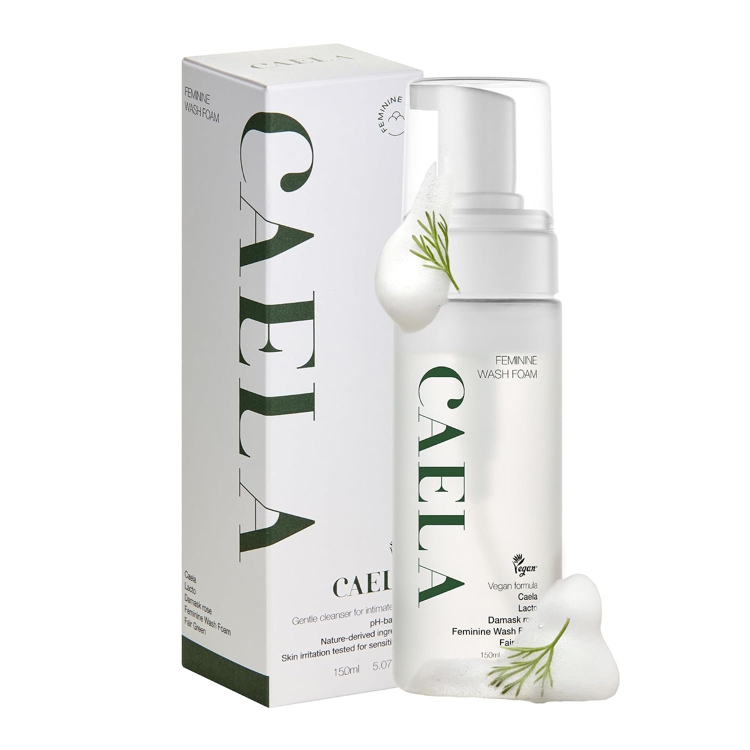CAELA Feminine Wash Foam Fairgreen, Green Tea & Mugwort, 5.07 Fl Oz | pH-balanced intimate wash foam with Triple Lactobacillus Ferment Complex. Gentle daily care with sulfate-free vegan formula.