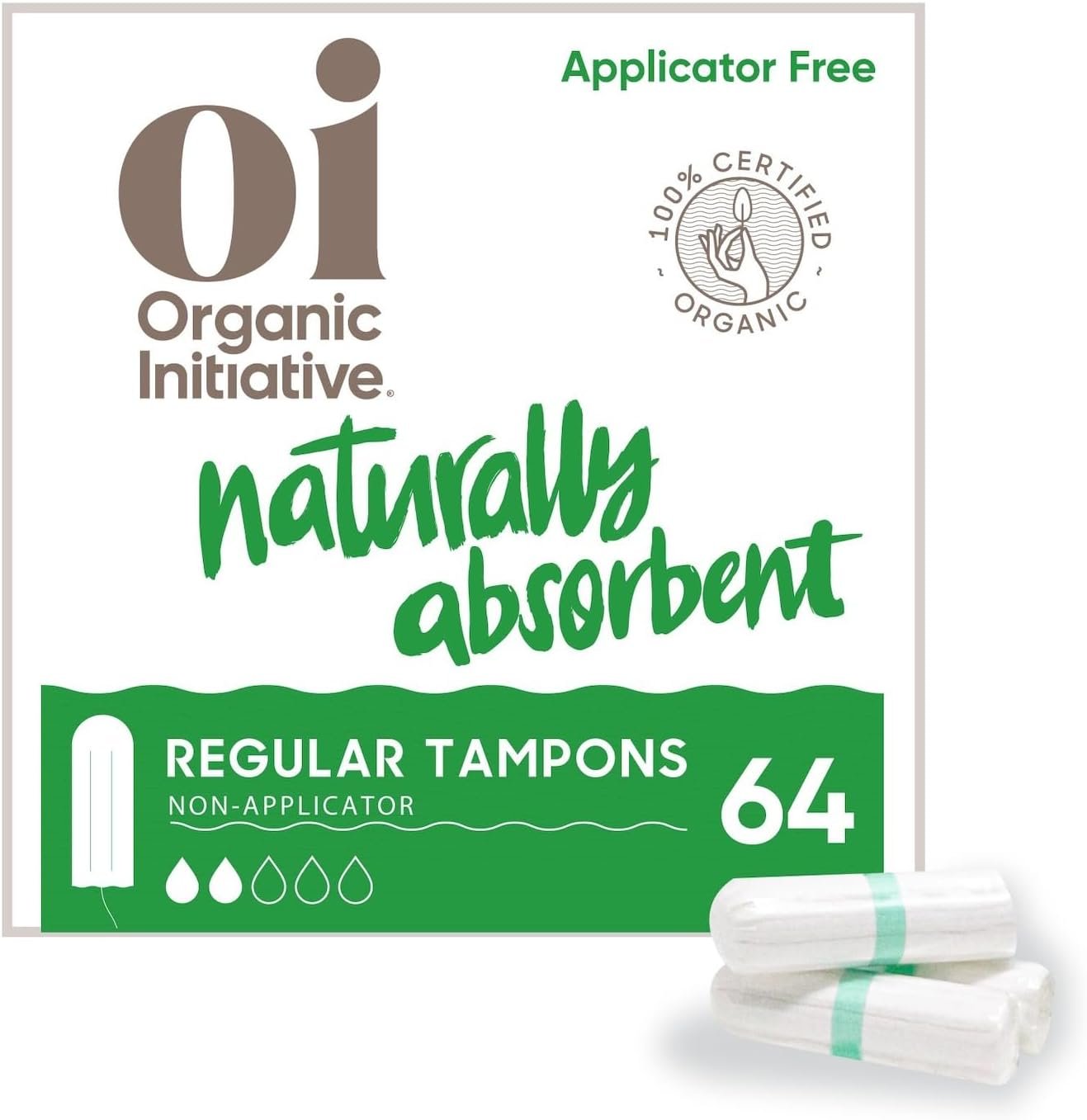 oi 100% Certified Organic Cotton Non-Applicator Tampons, 64ct