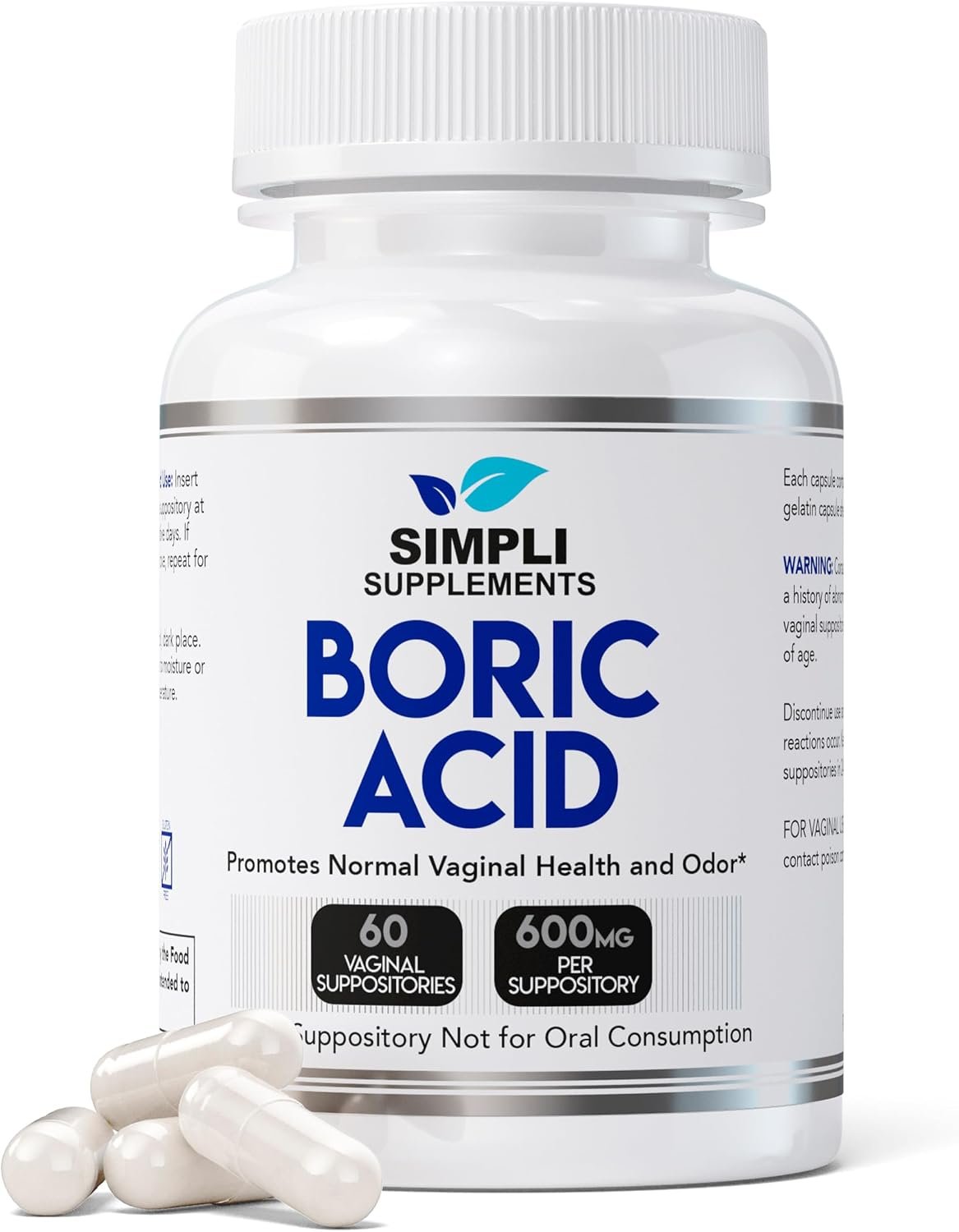 Simpli Supplements Boric Acid Suppositories for Women 600mg | 60 Count | Feminine Hygiene Support | Vaginal pH Balance & Freshness