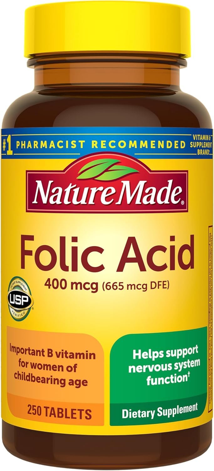 Nature Made Folic Acid 400 mcg (665 mcg DFE), 250 Tablets | Dietary Supplement for Nervous System Function, Folic Acid Supplements for Women and Men, Gluten Free, 250 Day Supply