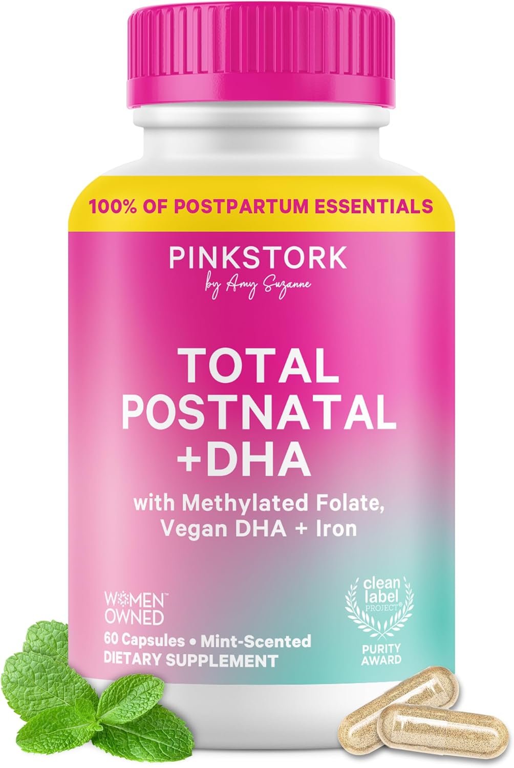 Pink Stork Total Postnatal Vitamins for Women, 60 Capsules, Mint | Clean Label Award, Vegan Algae DHA, No Fishy Burps, Methylated Folate, Iron, Gentle on Stomach, Postpartum + Lactation