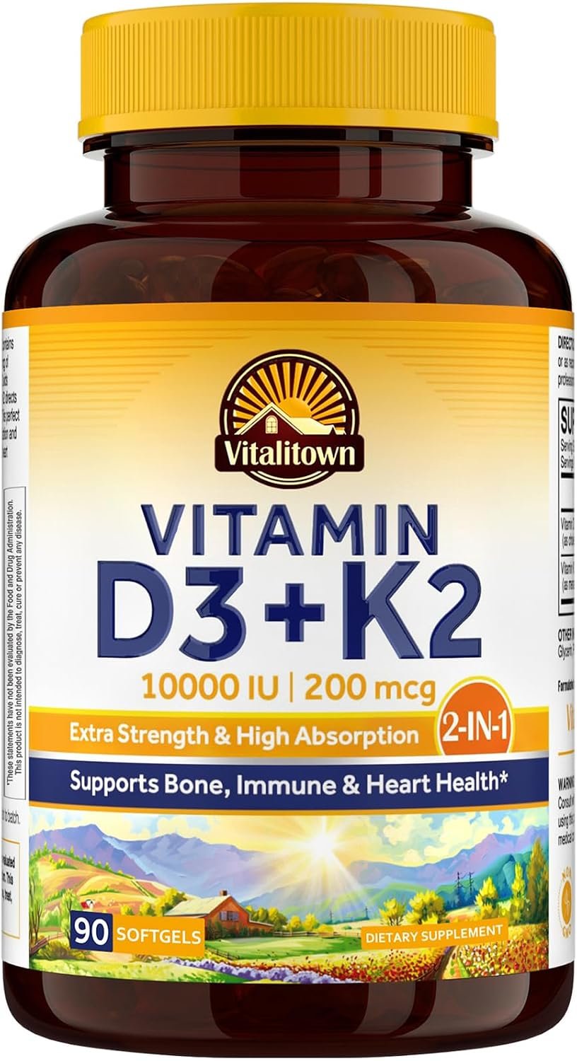 Vitalitown Vitamin D3 K2, D3 10000 IU, K2 (MK7) 200mcg, 90 Softgels