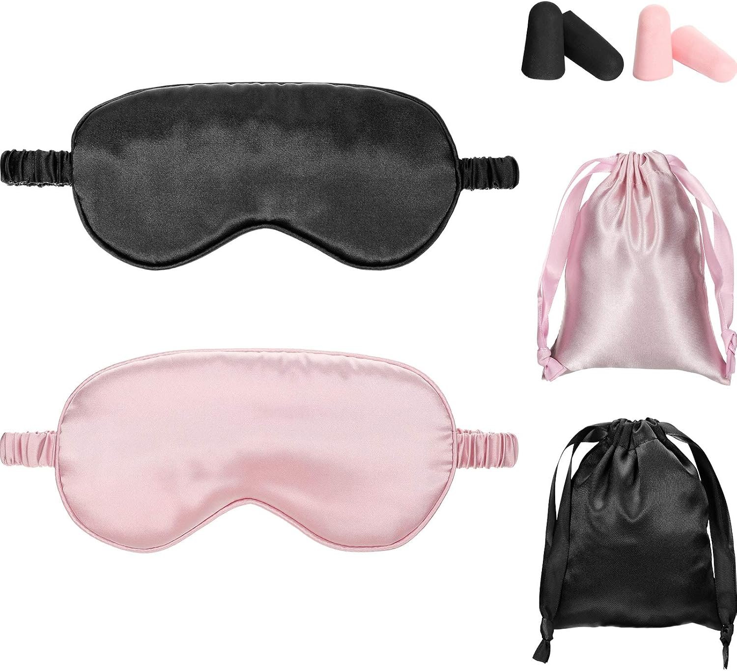 Geyoga Silk Satin Sleep Mask with Ear Plugs, Blindfold,Black, Pink