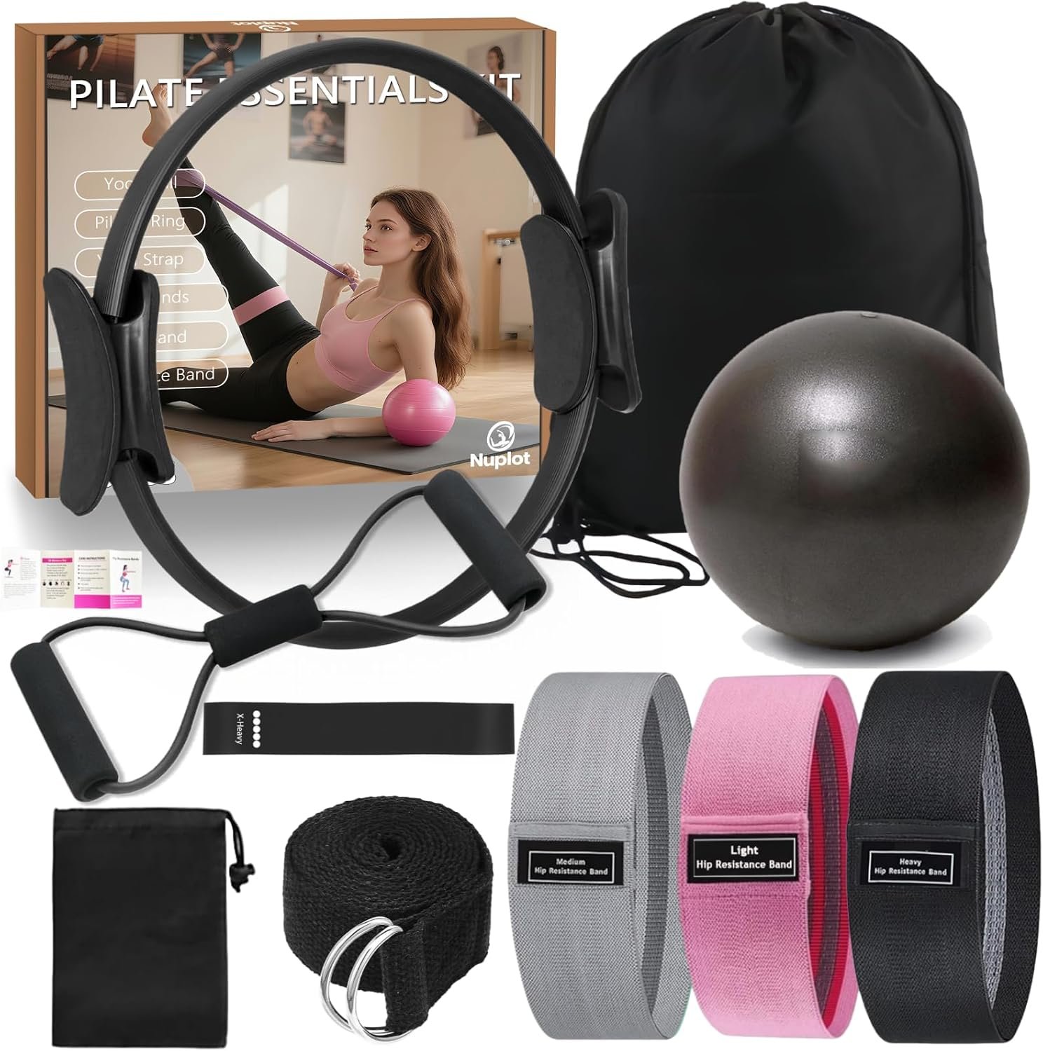 Nuplot Pilates Equipment, Pilates Kit for Home Workouts, Pilates Essentials Kit for Women, Home Pilates Kit with Pilates Ring and Ball Set, Booty Bands, Figure 8 Resistance Band, Yoga Band