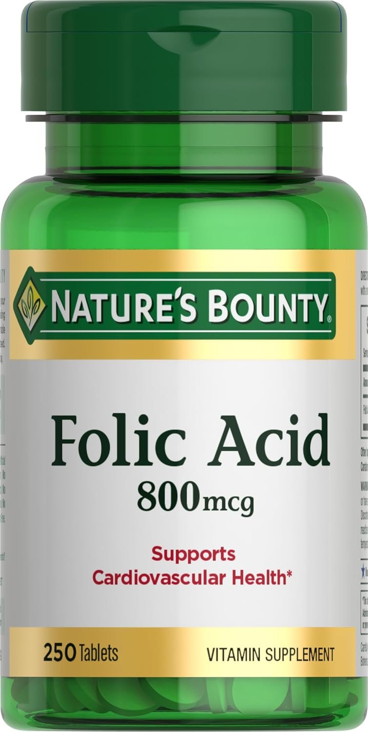 Nature’s Bounty Folic Acid Supplement, Supports Cardiovascular Health, 800mcg, 250 Tablets | Supplements for Women, 800 mcg