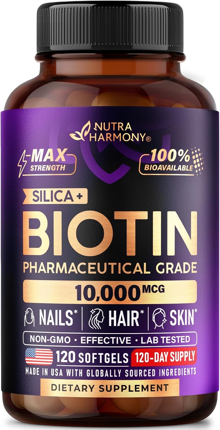 Biotin 10000mcg + Silicon – Pharmaceutical Grade Biotin – 120 Softgels | Biotin Supplement for Hair Growth Support, Skin & Nails for Women – Max Strength & 100% Bioavailability – 120-Day Supply