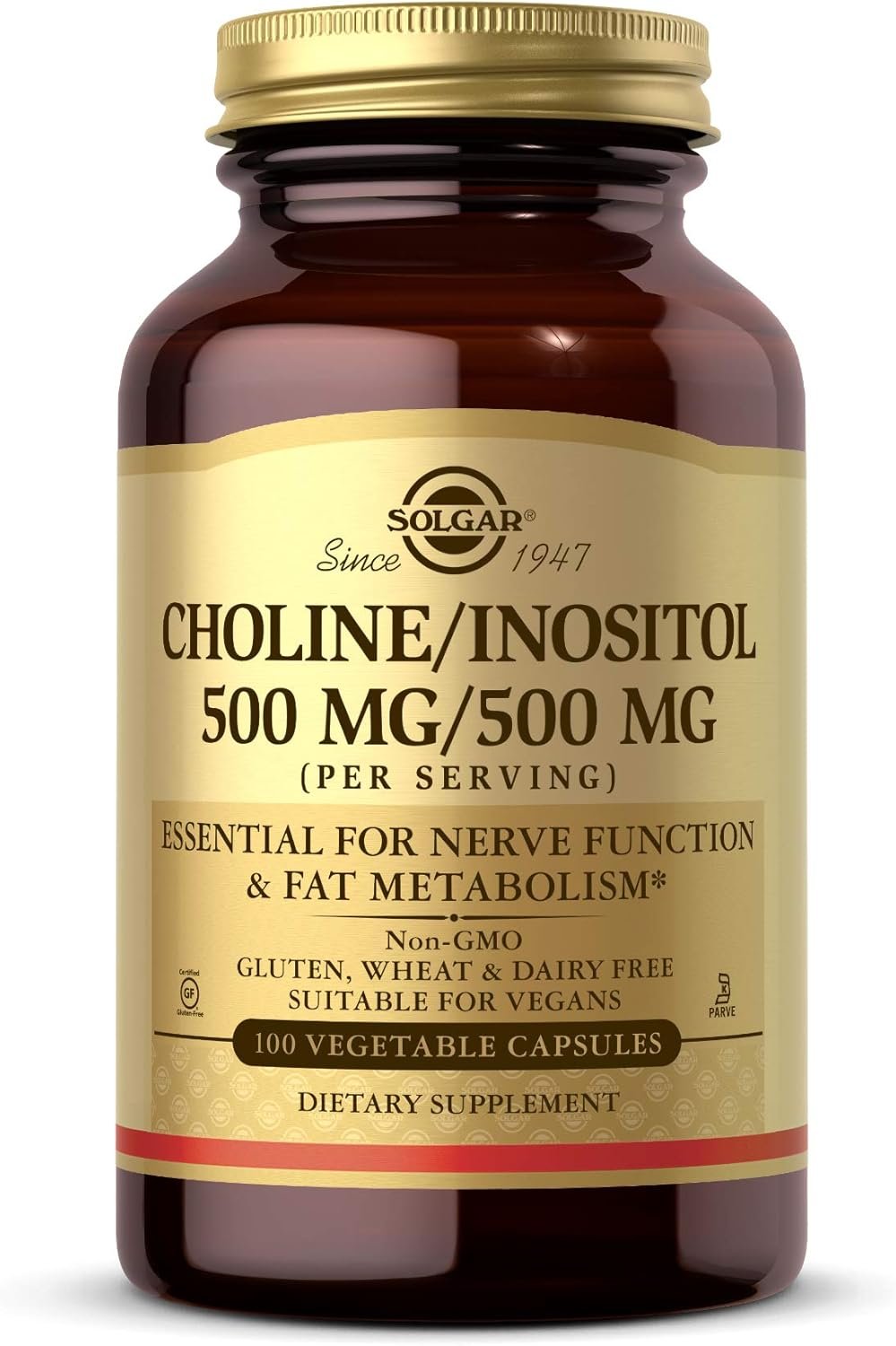 Solgar Choline/Inositol 500 mg/500 mg, 100 Vegetable Capsules- 50 Servings | Energy Metabolism, Liver Health, Essential for Brain & Nerve Function, Non-GMO, Vegan, Kosher