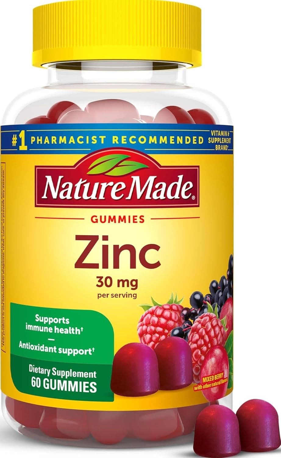 Nature Made Zinc Supplements 30 mg Per Serving, 60 Zinc Gummies | Dietary Supplement for Immune Health and Antioxidant Support, Gluten Free, Mixed Berry Flavor, 30 Day Supply