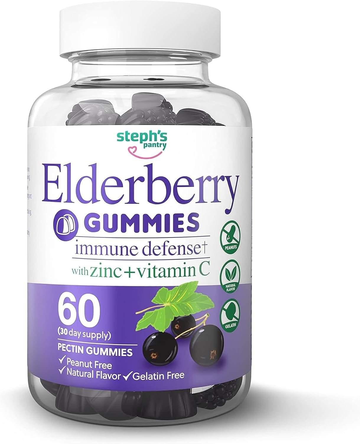 Steph’s Pantry Elderberry Gummies with Vitamin C and Zinc – Immune Support for Adults and Kids – Vegan, Natural Ingredients, Antioxidant Supplement – 60 Gummies