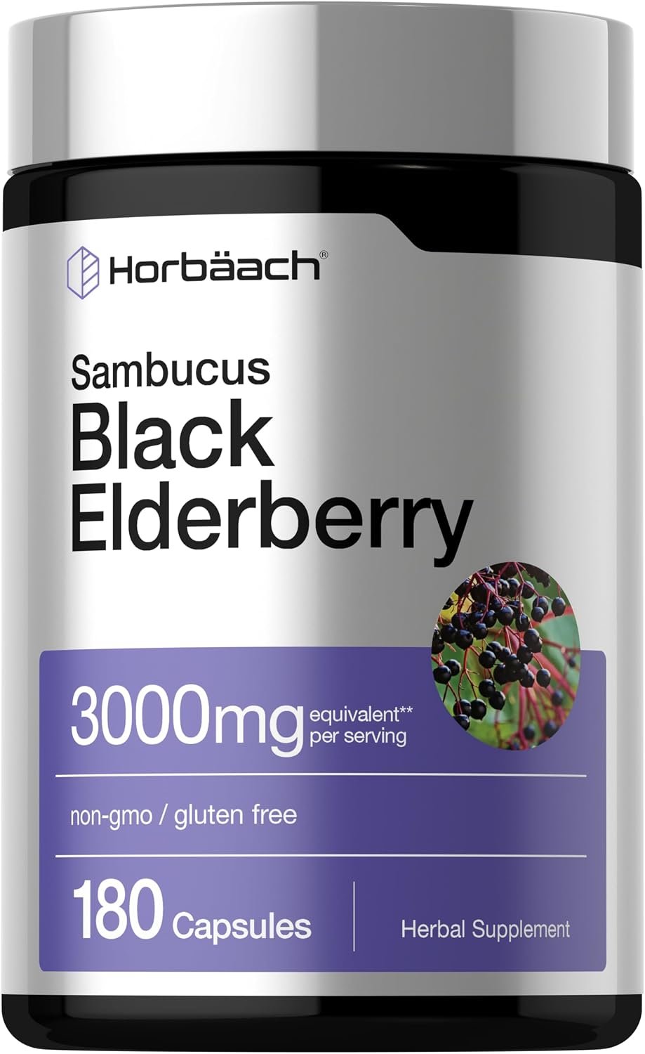 Horbäach Black Elderberry | 180 Capsules | Sambucus Extract Supplement | Non-GMO & Gluten Free