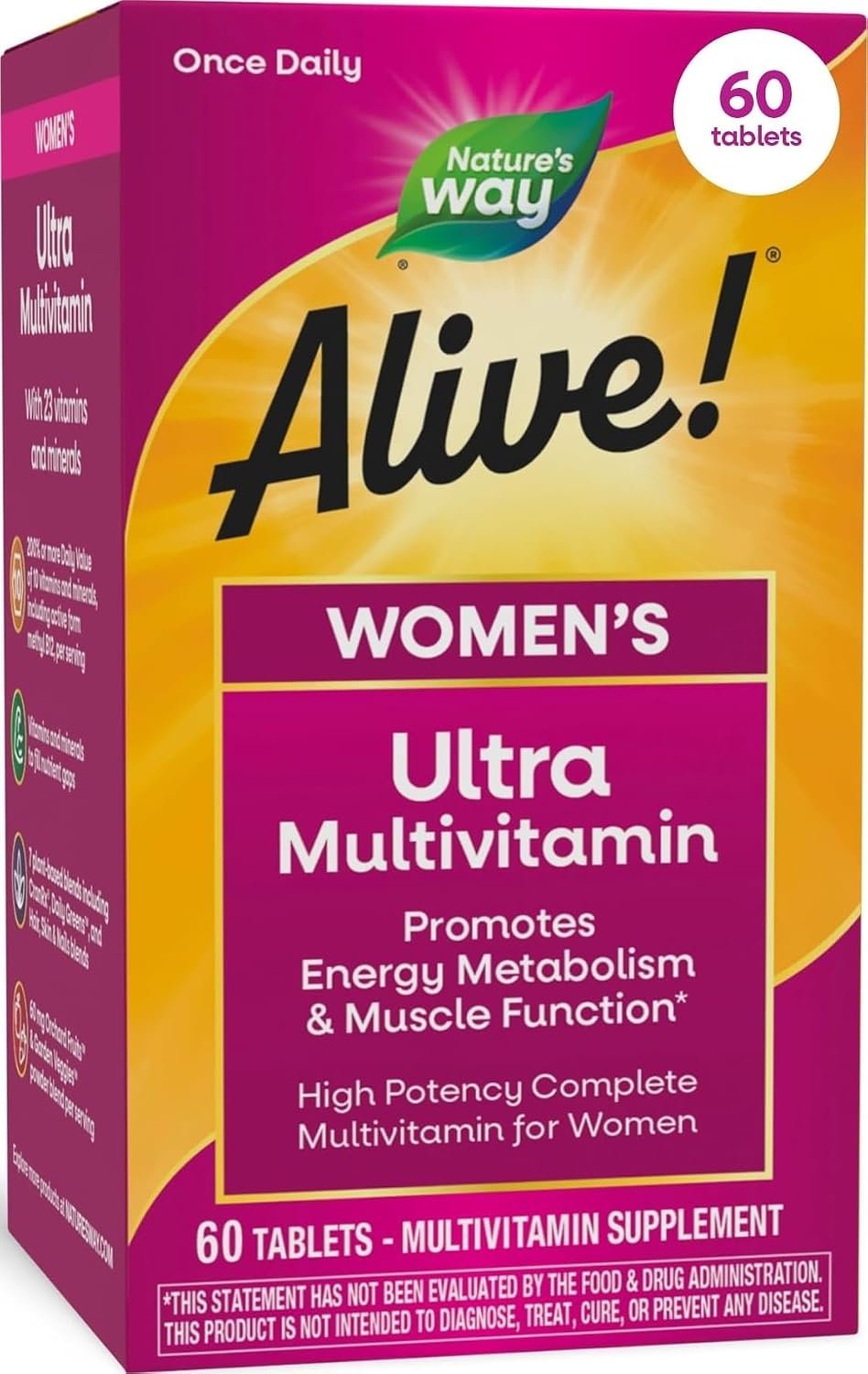 Nature’s Way Alive! Women’s Ultra Multivitamin, High Potency, 60 ct | Complete Daily Women’s Vitamins, Promotes Energy Metabolism and Muscle Function*, Vitamin A, C, D, Methylated B12