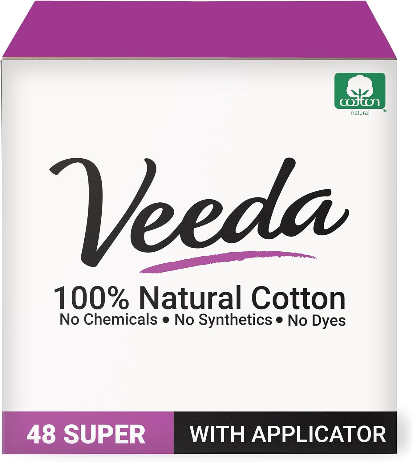 Veeda 100% Natural Cotton Tampons – Super Absorbency with leak proof protection – Compact BPA-Free Applicator – Unscented & Free from Chlorine, Toxin – 48 Count