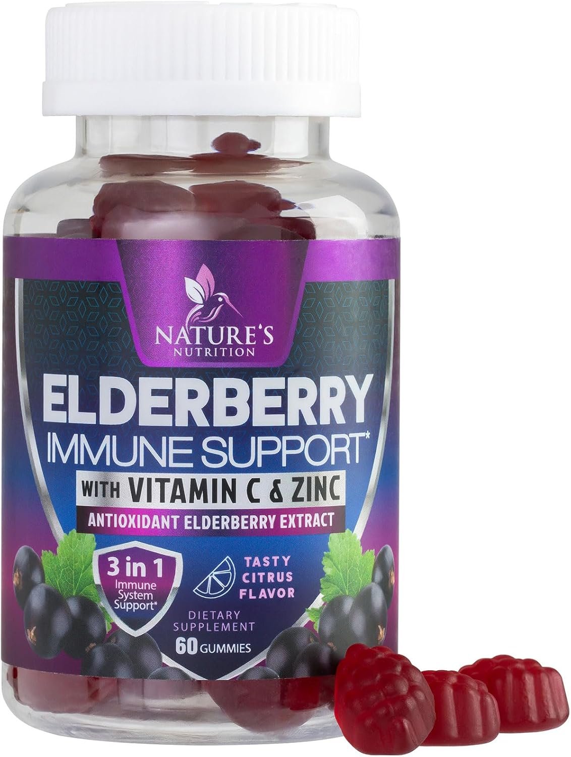 Elderberry Immune Support Gummies – 3X Strength Sambucus Elderberry Gummy with Vitamin C, D3 & Zinc – Nature’s Black Elderberry Extract – Immune Support Supplement for Adults & Kids – 60 Gummies