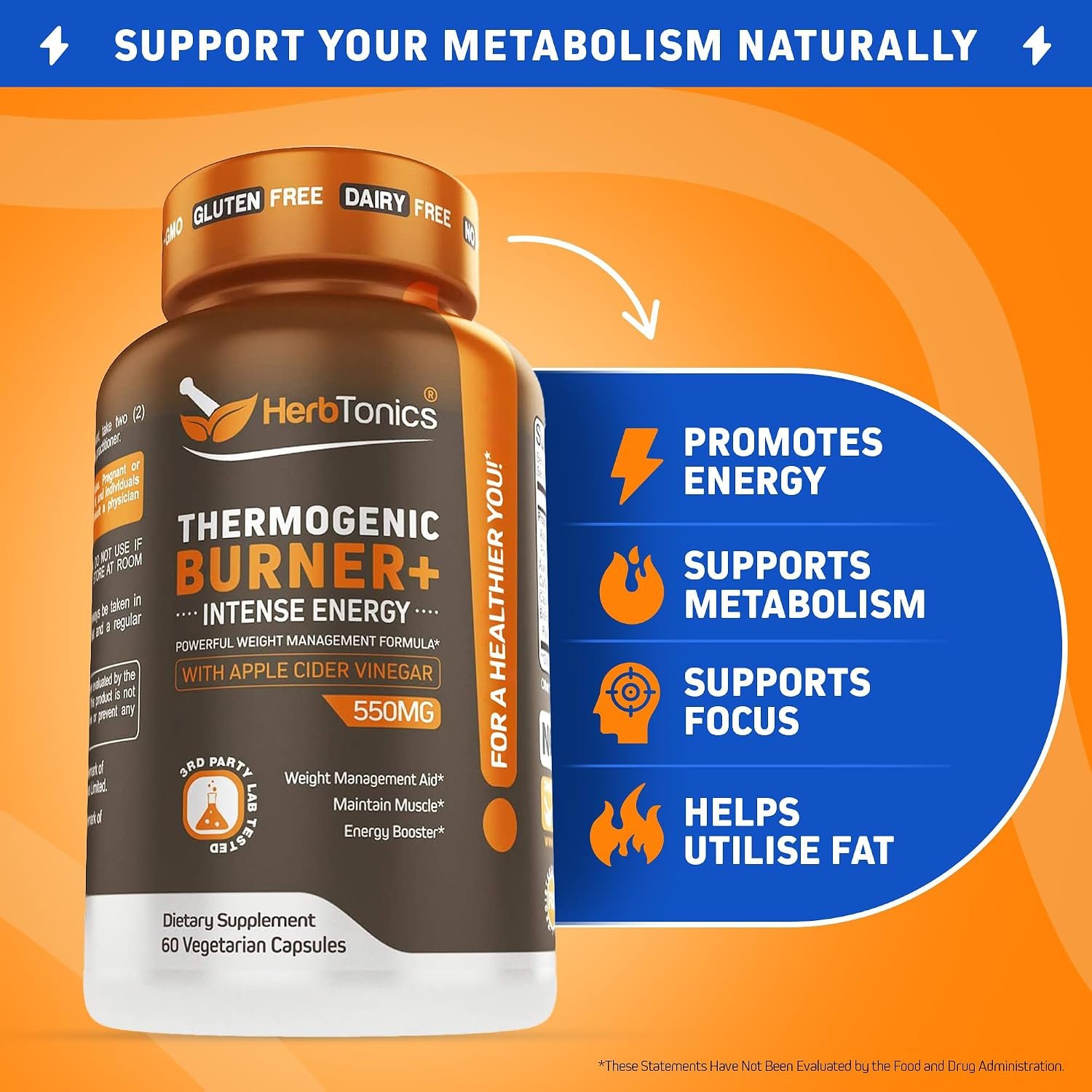 Herbtonics Thermogenic Burner + Apple Cider Vinegar – Weight Management Supplement for Women & Men, Supports Appetite Management, Metabolism & Energy, 60 Vegetarian Capsules