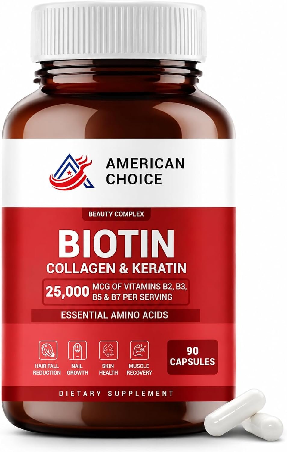 Biotin For Hair Growth Women & Men | Hair Skin and Nails Vitamins B2, B3, B5 and B7 – 25000 Mcg With Keratin Collagen Amino Acids and Minerals – Supports Stronger Nails, Healthy Skin – 90 Caps
