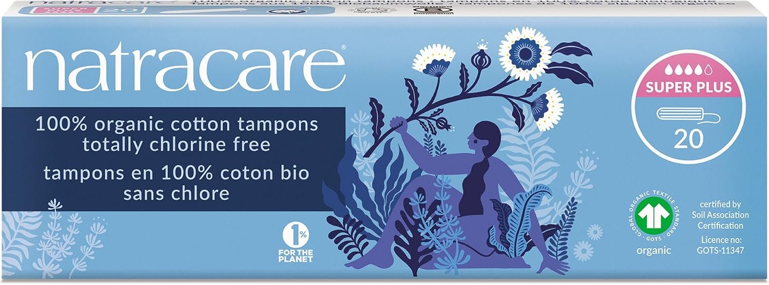 Natracare Non-Applicator 100% Organic Cotton Tampons, Super Plus, Totally Chlorine Free, Biodegradable and Compostable (1 Pack, 20 Tampons Total)
