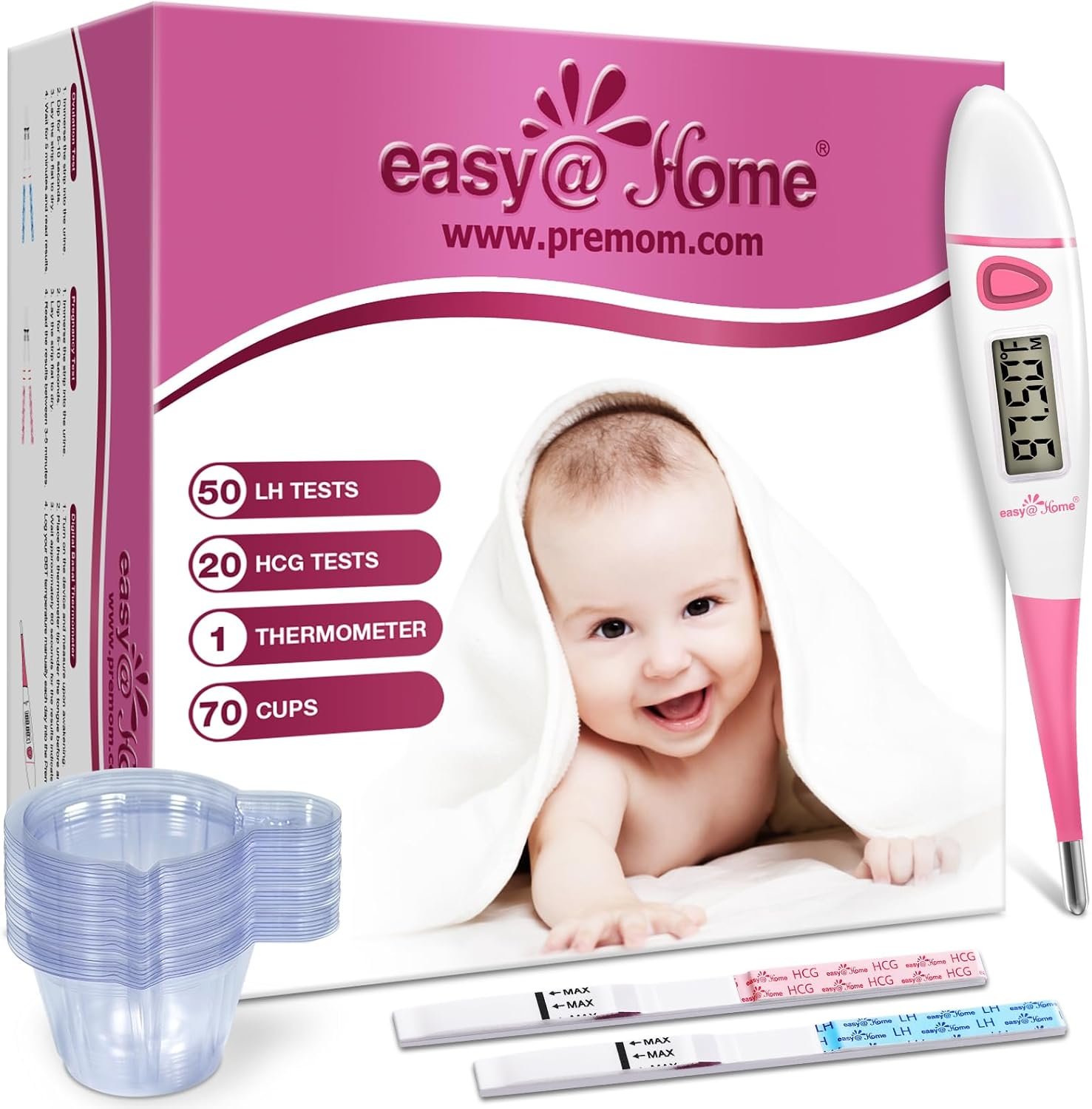 Easy@Home 50 Ovulation Test Strips + 20 Pregnancy Tests + BBT Thermometer