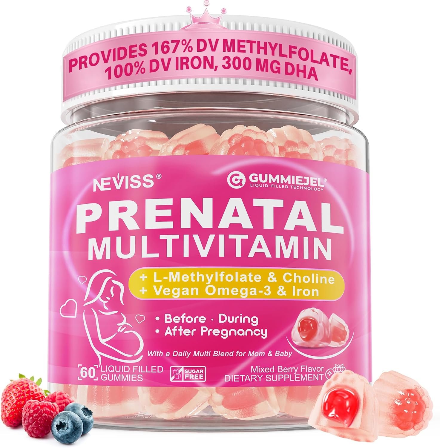 Prenatal Vitamins for Women Gummies w/ Methylfolate 1mg,DHA Iron Choline B6