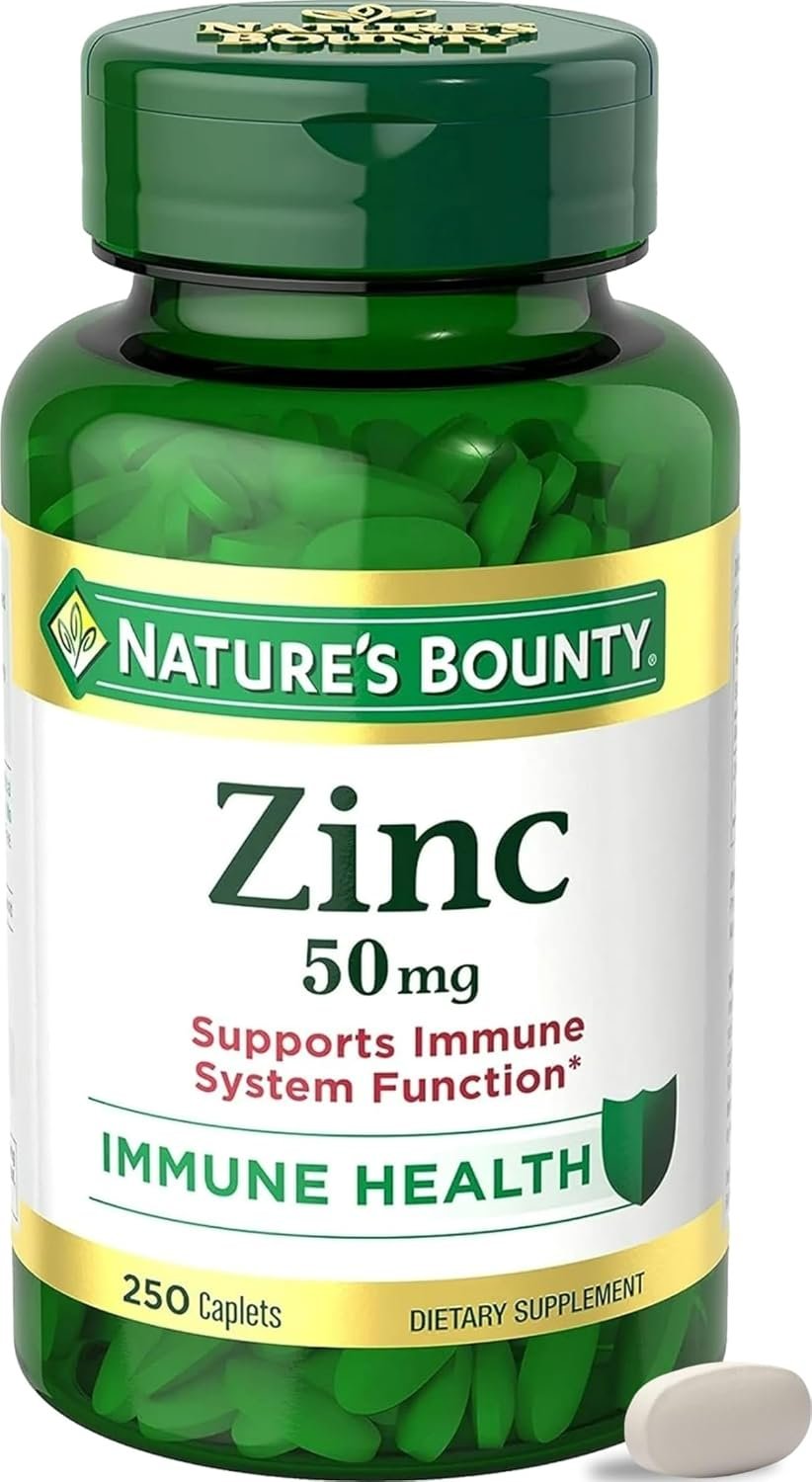 Nature’s Bounty Zinc 50mg, Immune Support & Antioxidant Supplement, Promotes Skin Health, 1 Caplet Per Day, Gluten Free, 250 Vegetarian Caplets