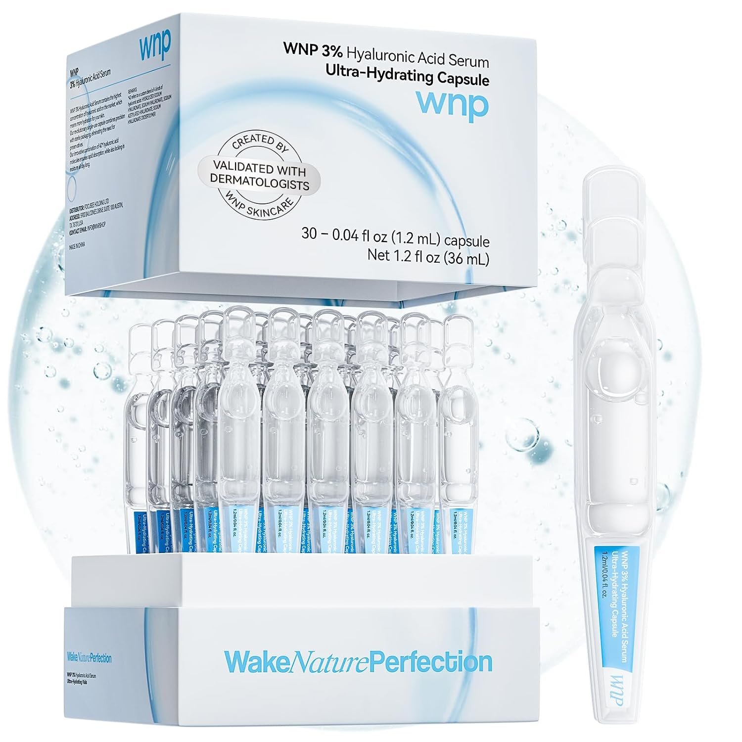 WNP Hyaluronic Acid Serum for Face Ultra Hydrating for Dry Skin, 30 Ct | 48-Hour Hydration| Lightweight Fast-Absorbing| Moisture Care| Sterile Single-Use| Travel Ready| Korean Skincare