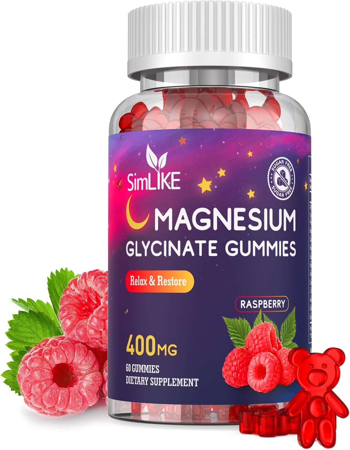 Magnesium Glycinate Gummies 400mg, High Absorption Magnesium Gummies with L-Theanine, Ashwagandha & GABA for Relaxation, Stress Relief & Sleep, Sugar Free, Vegan, 60 Raspberry