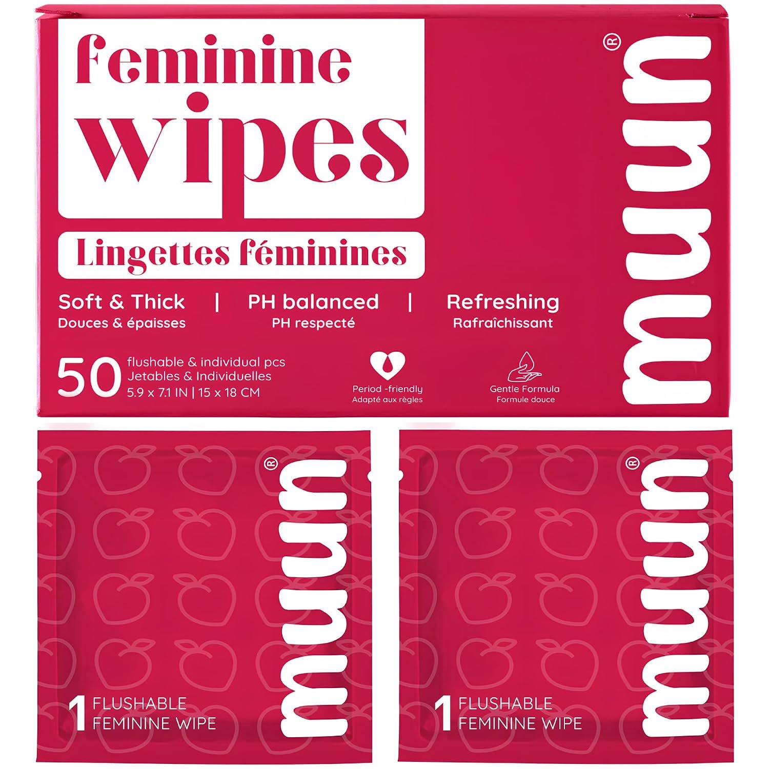 Muun Feminine Wipes Flushable 50 Counts Individual Wet Wipes Intimate