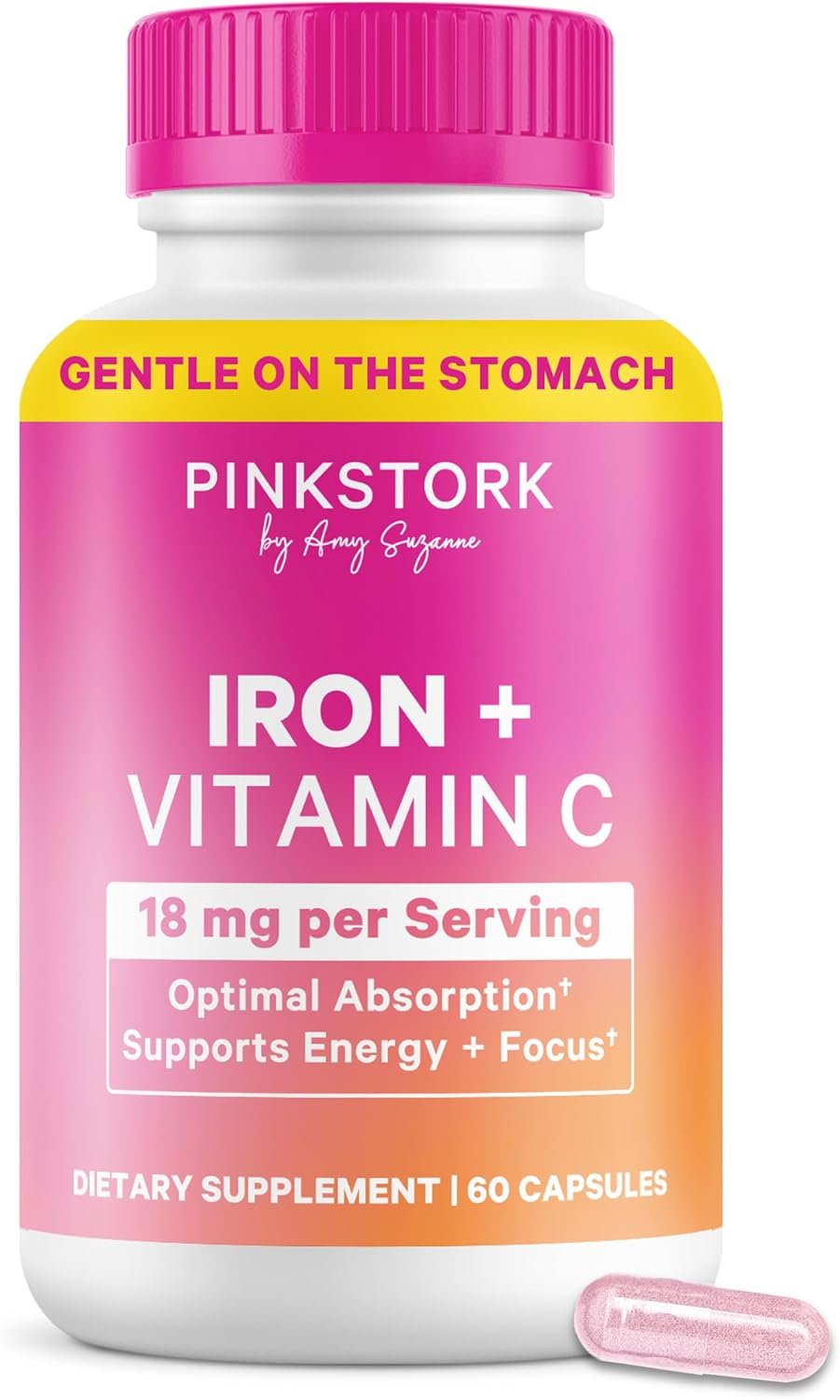 Pink Stork Iron for Women with Vitamin C, 60 Capsules, 2-Month Supply | 18 mg Chelated Iron Bisglycinate + Vitamin C, Supports Energy, Focus + Oxygen, Pregnancy, Postpartum, PMS + Perimenopause