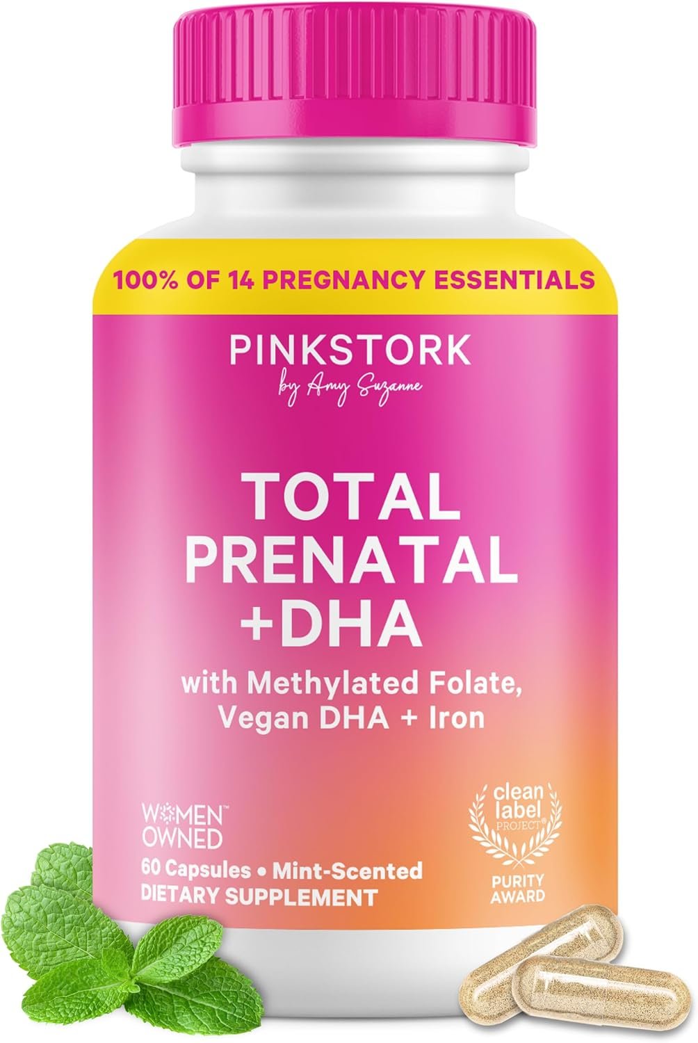 Pink Stork Total Prenatal + DHA, Vegan, No Fishy Burps, 60 Count, Mint