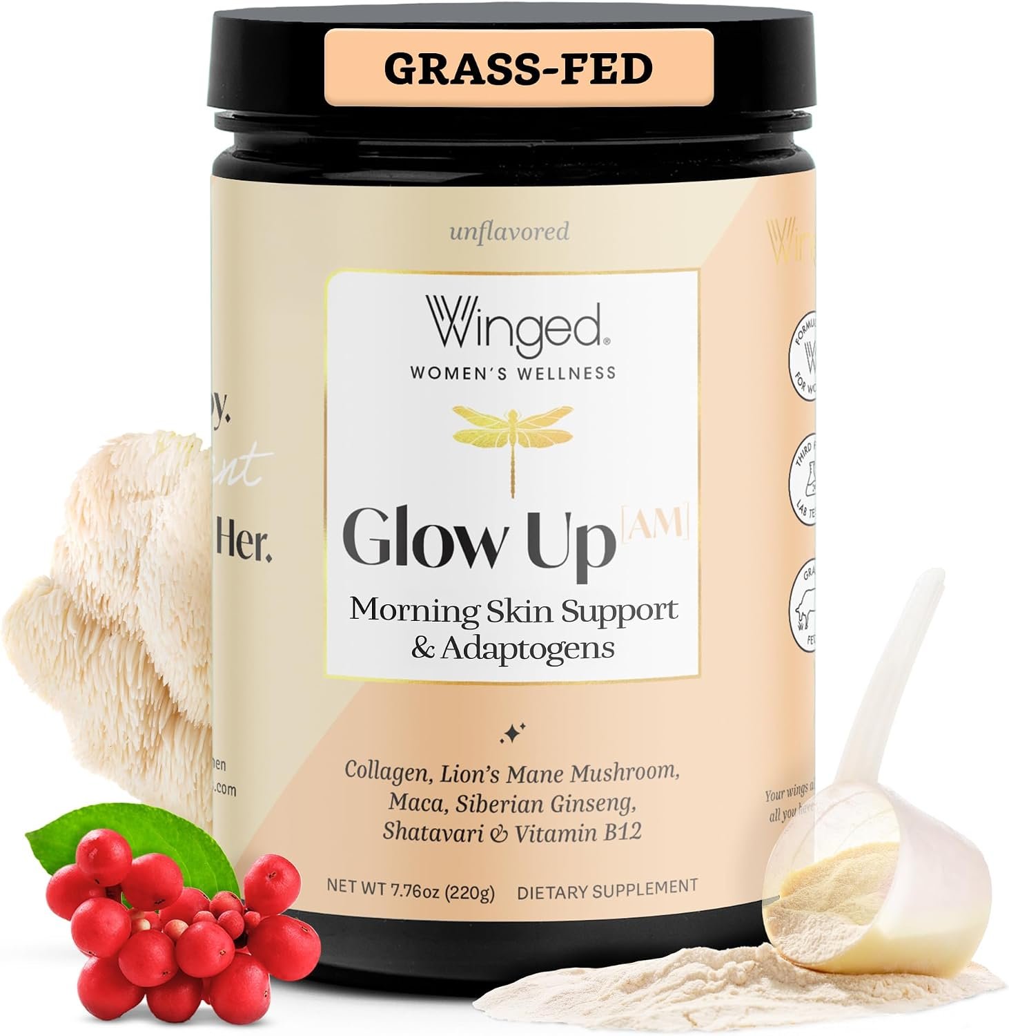 Winged Wellness Glow Up AM, Collagen Powder for Women, 21 Servings | Unflavored – Morning Beauty Supplement for Glowing Skin with Grass-Fed Hydrolyzed Collagen Peptides, Lion’s Mane & Shatavari