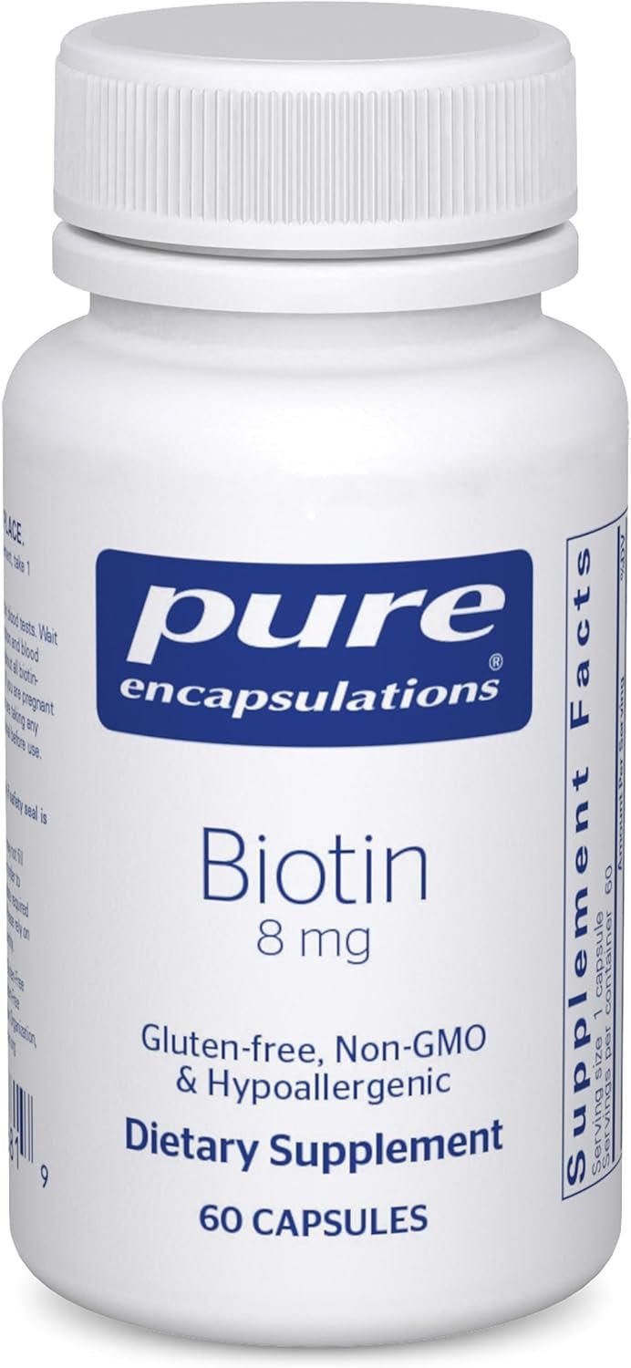 Pure Encapsulations Biotin 8 mg, 60 Counts | B Vitamin Supplement for Stress Relief, Hair, Skin, and Nail Strengthening, Metabolism, Carbohydrate Support