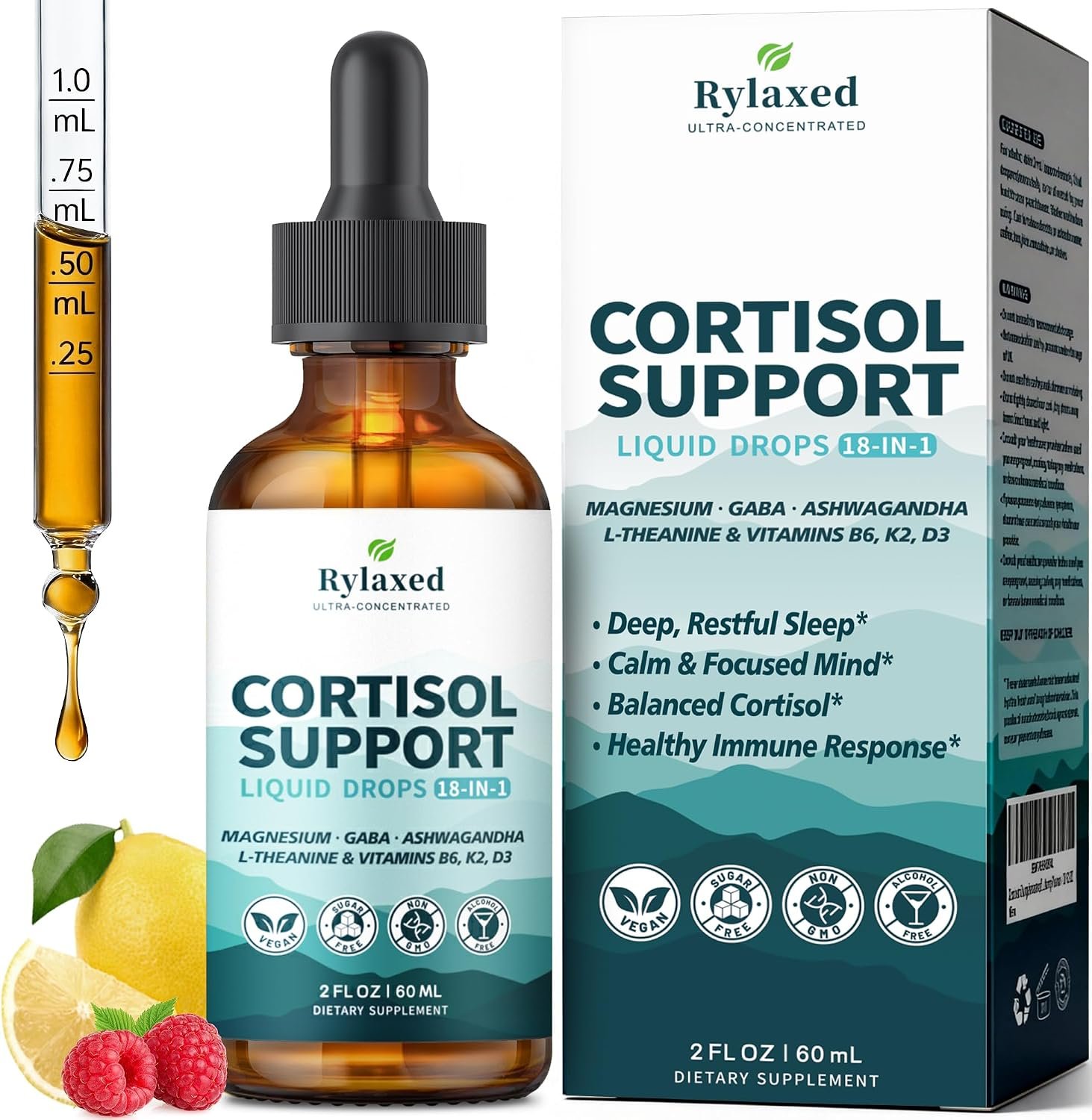 Cortisol Supplements for Women & Men, 18 in 1 Stress & Mood Support Drops with Magnesium 480mg, GABA, Ashwagandha, L-Theanine & Phosphatidylserine, for Relaxation & Sleep, Lemon Raspberry Flavor 60mL