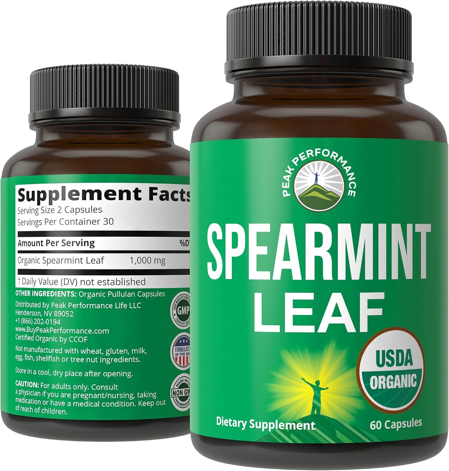 Peak Performance USDA Organic Spearmint Leaf Capsules Vegan Supplement