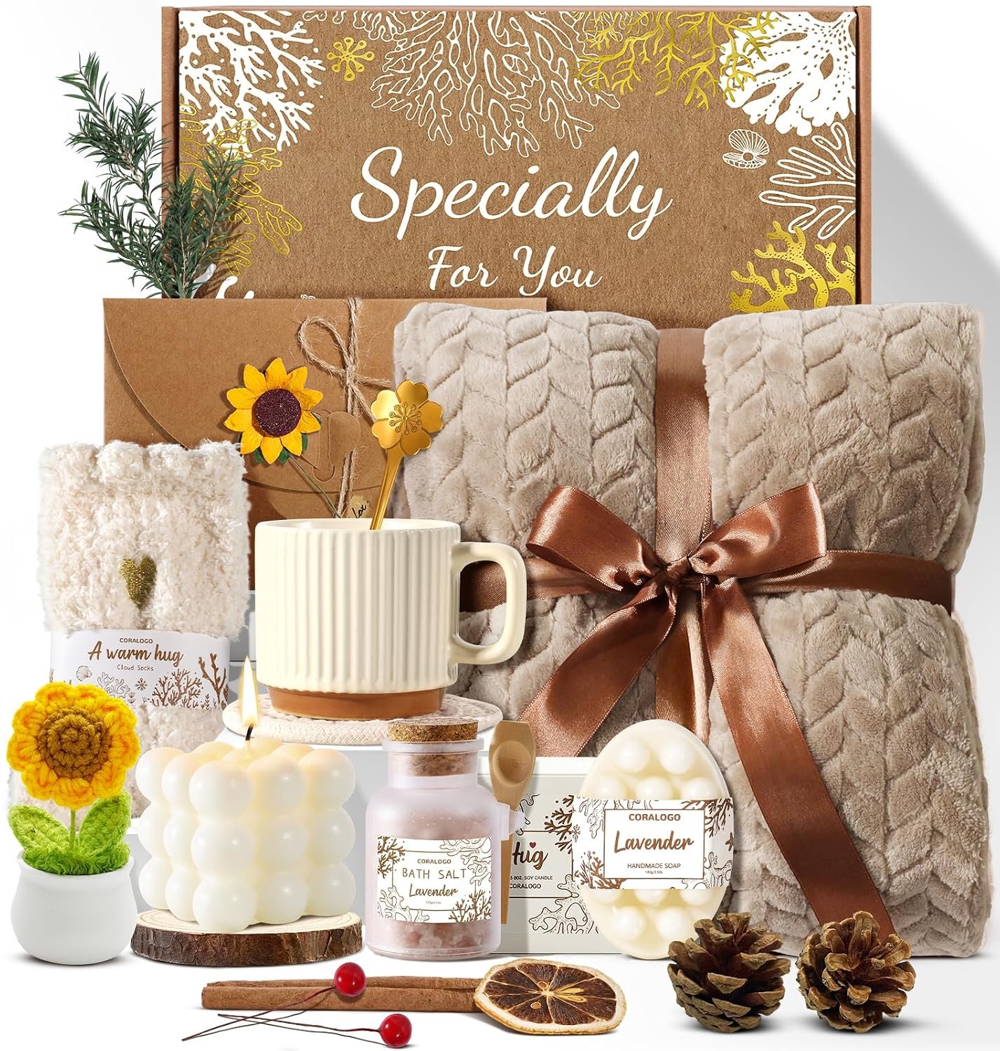 11pcs Spa Gift Baskets for Women, Sunflower Self Care Set, Brown