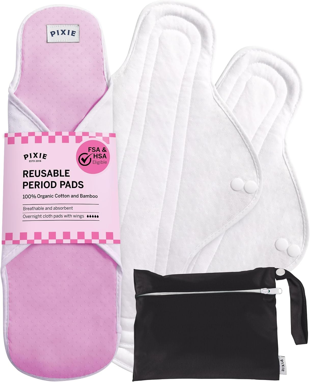 Pixie Cotton Cloth Pads for Feminine Care – 100% Organic Reusable Pads – Ranked 1 for Softest Menstrual Sanitary Napkins – Machine Washable & Includes Free Wet Bag – Menstrual Liner (Overnight)