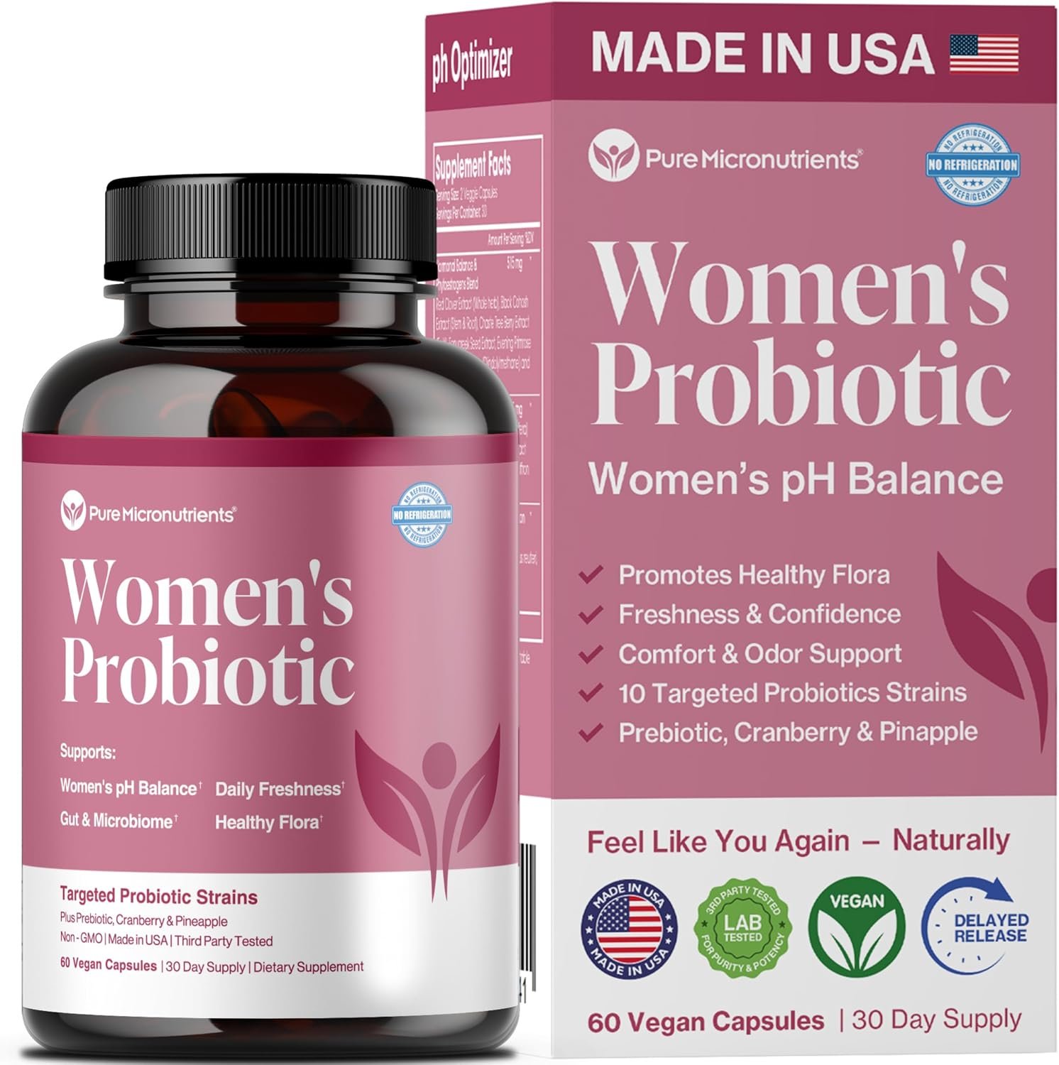 Vaginal Probiotics for Women with Cranberry, pH Balance, 60 Capsules | Odor & itch support; lactobacillus & prebiotics for feminine wellness & vaginal health; daily wellness supplement