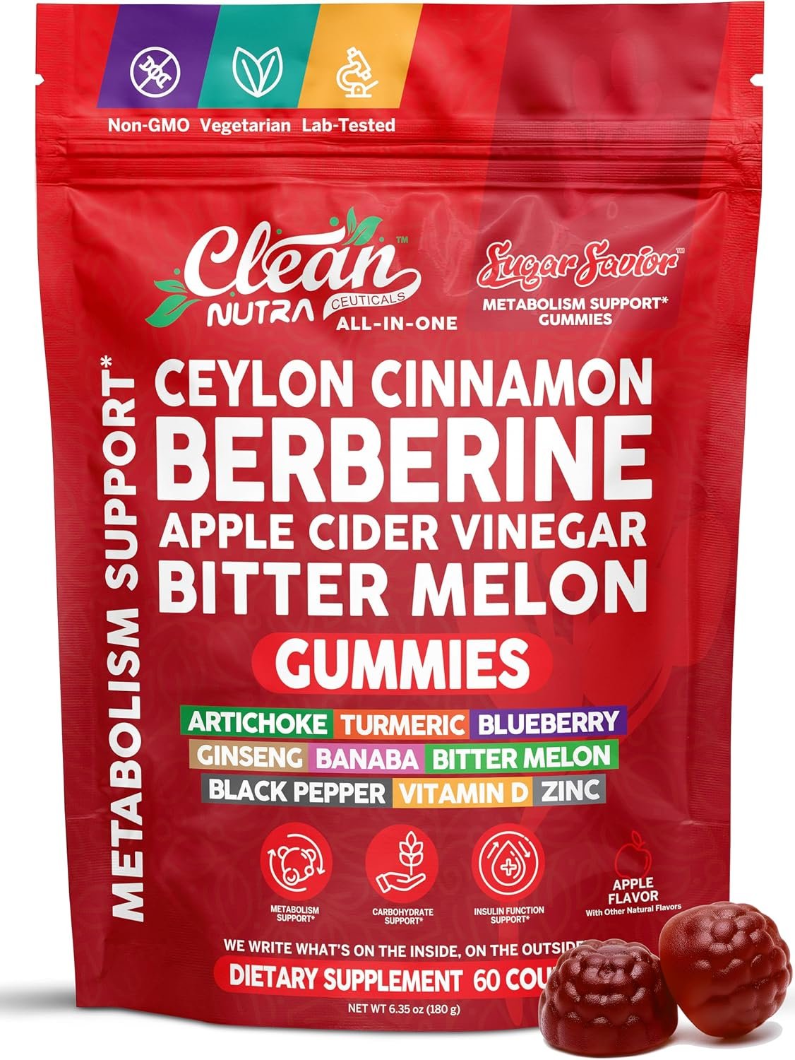 Sugar Savior Ceylon Cinnamon Berberine Gummies Apple Cider Vinegar Artichoke Turmeric Blueberry Ginseng Banaba Bitter Melon Black Pepper Vitamin D Zinc GLP1 Gummies 60 Count by Clean Nutra