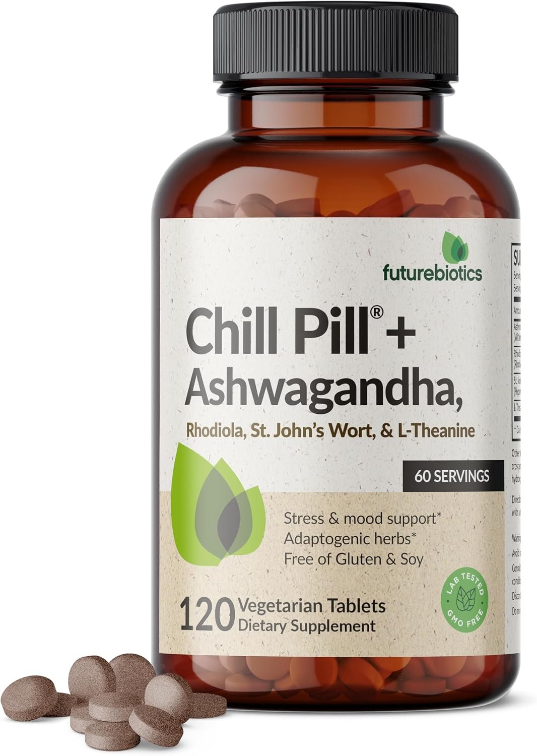 Futurebiotics Chill Pill + Ashwagandha, Stress & Mood Support, 120 Tablets | Advanced Calming Formula: Ashwagandha, Rhodiola, St. John’s Wort & L-Theanine, Vegan, Non-GMO, Gluten-Free & Soy-Free