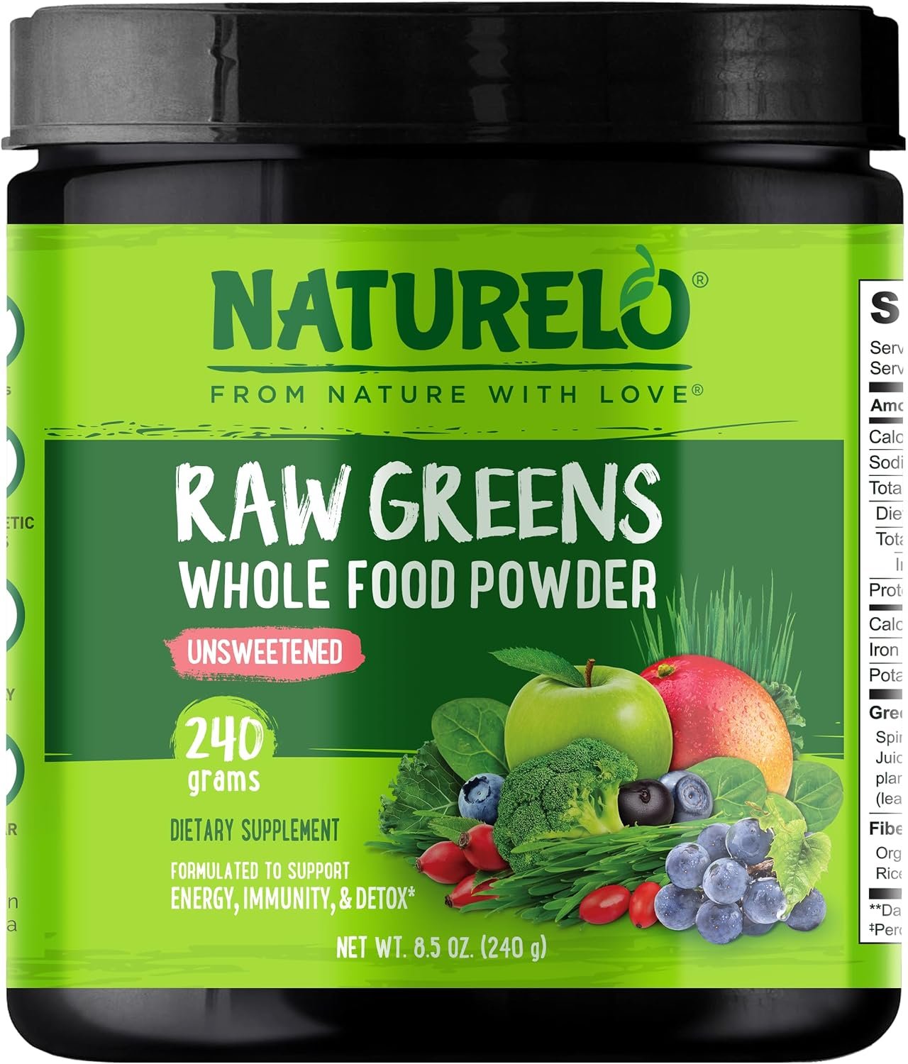 NATURELO Raw Greens Superfood Powder – Unsweetened – Boost Energy, Detox, Enhance Health – Organic Spirulina – Wheat Grass – Whole Food Nutrition from Fruits & Vegetables – 240 Grams