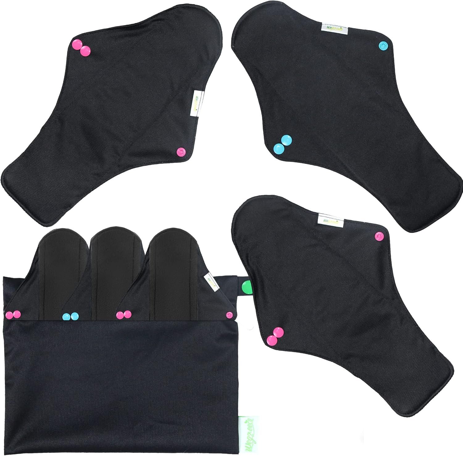 wegreeco Charcoal Reusable Menstrual Pads – Reusable Sanitary Pads | Reusable Panty Liners | Soft Cloth Menstrual – 6 Pack with 1 Cloth Mini Wet Bag (X-Large, Black)