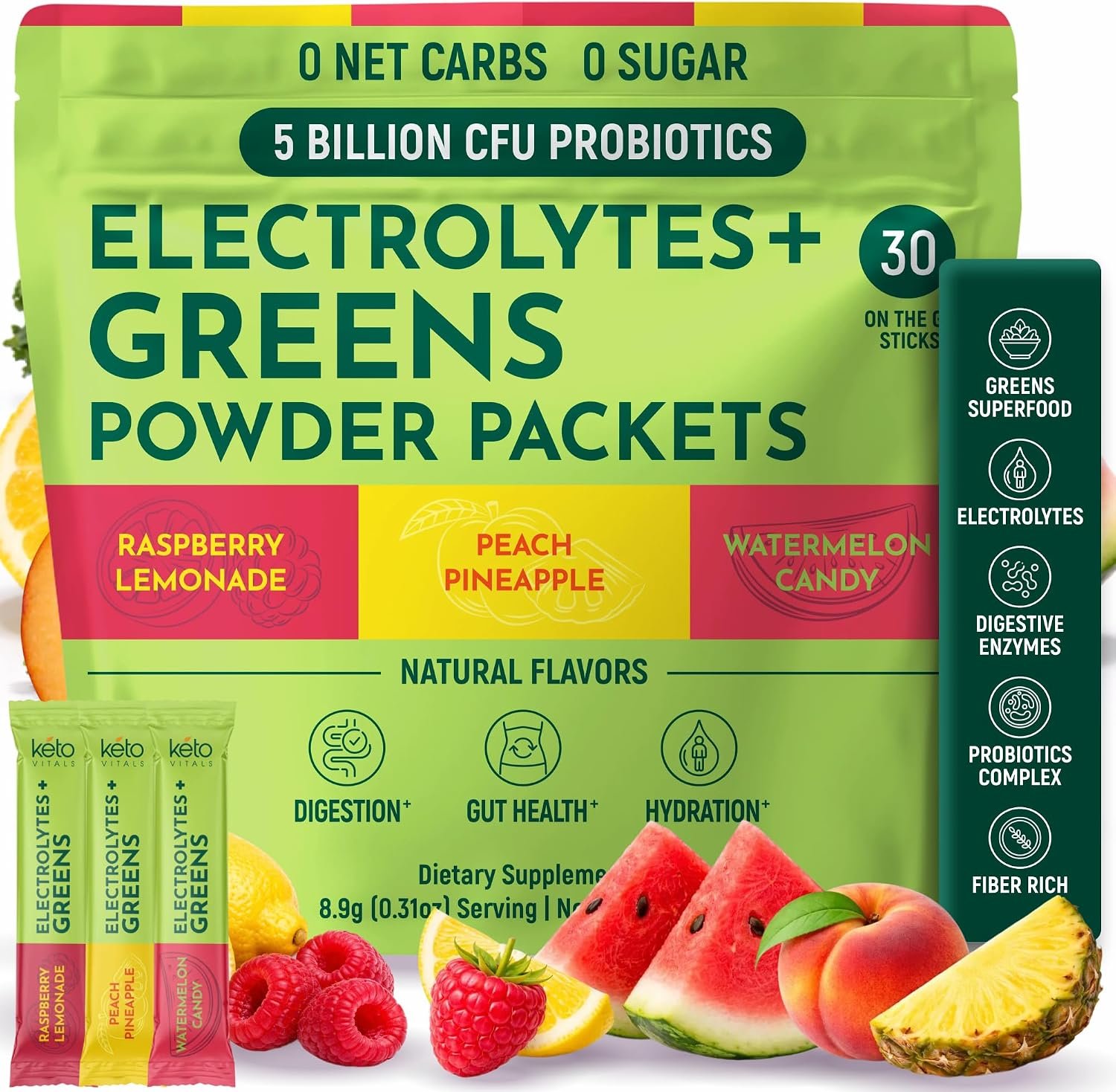 Keto Electrolytes Plus Super Greens Powder Packets – 30 Servings