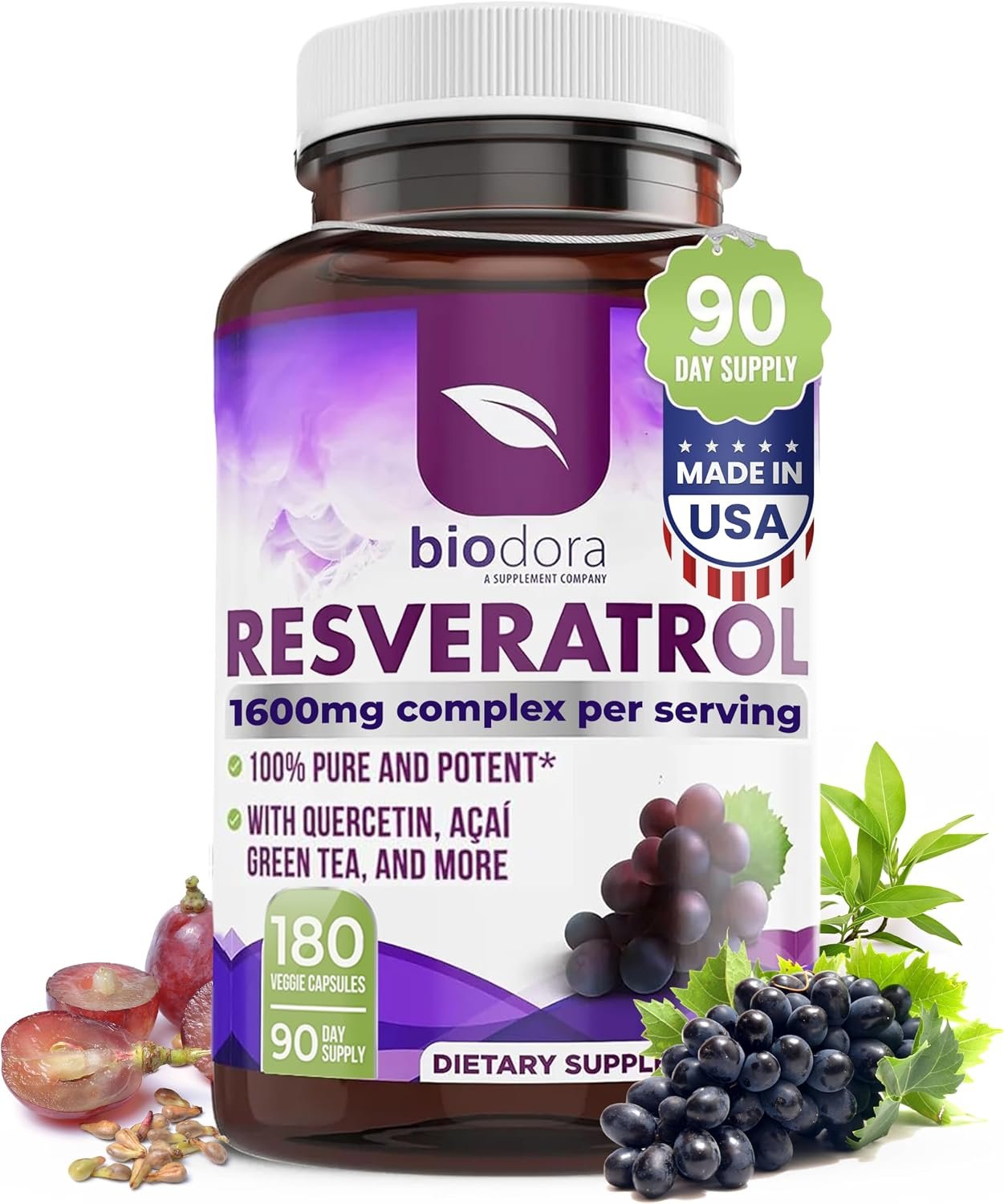 Resveratrol 1600mg | Trans-Resveratrol Antioxidant Supplement, 180 Capsules | w/ Natural Green Tea, Grape Seed Polyphenols & Quercetin, Supports Digestive, Heart Health, Immune System, Brain Function