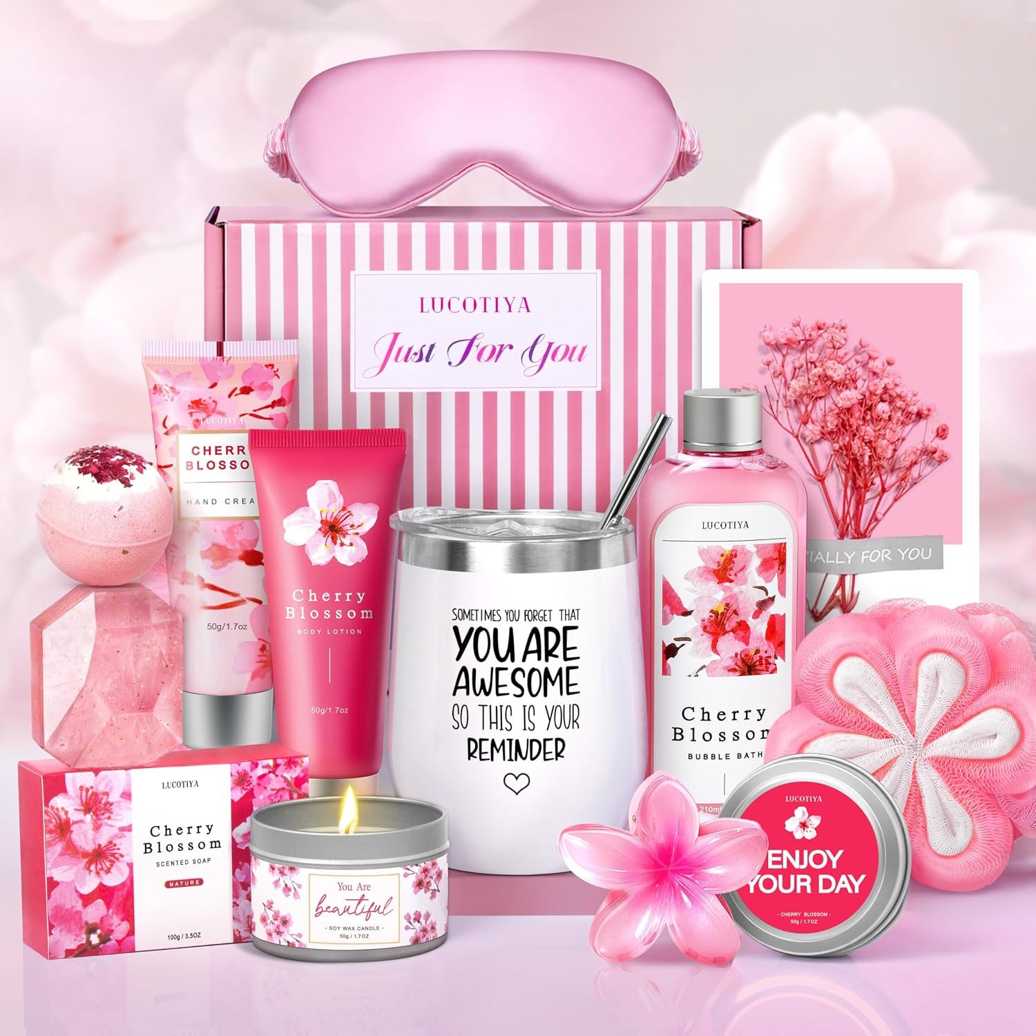 Gifts for Women Birthday Gifts, Spa Gifts Set- 10 Pcs Christmas Valentine’s Mother’s Day Gifts and Cherry Blossoms Self Care Package Gifts Women, Relaxing Gifts Basket
